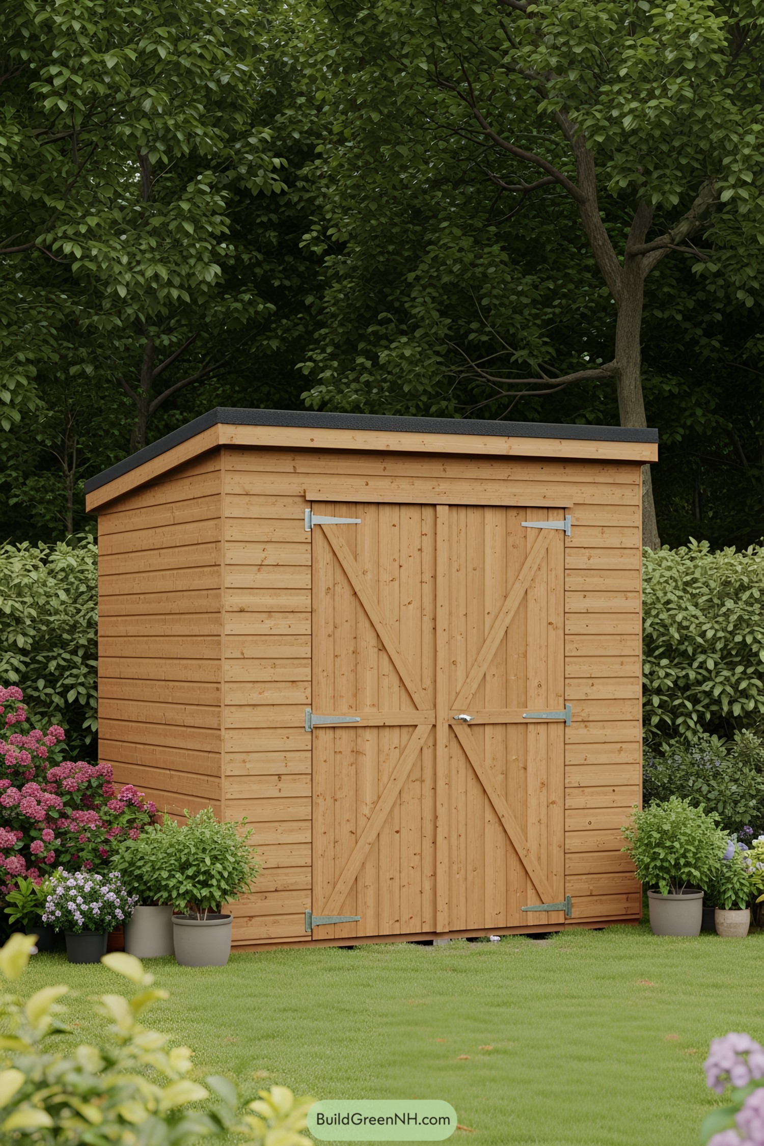 Simple wood shed with plants in a garden