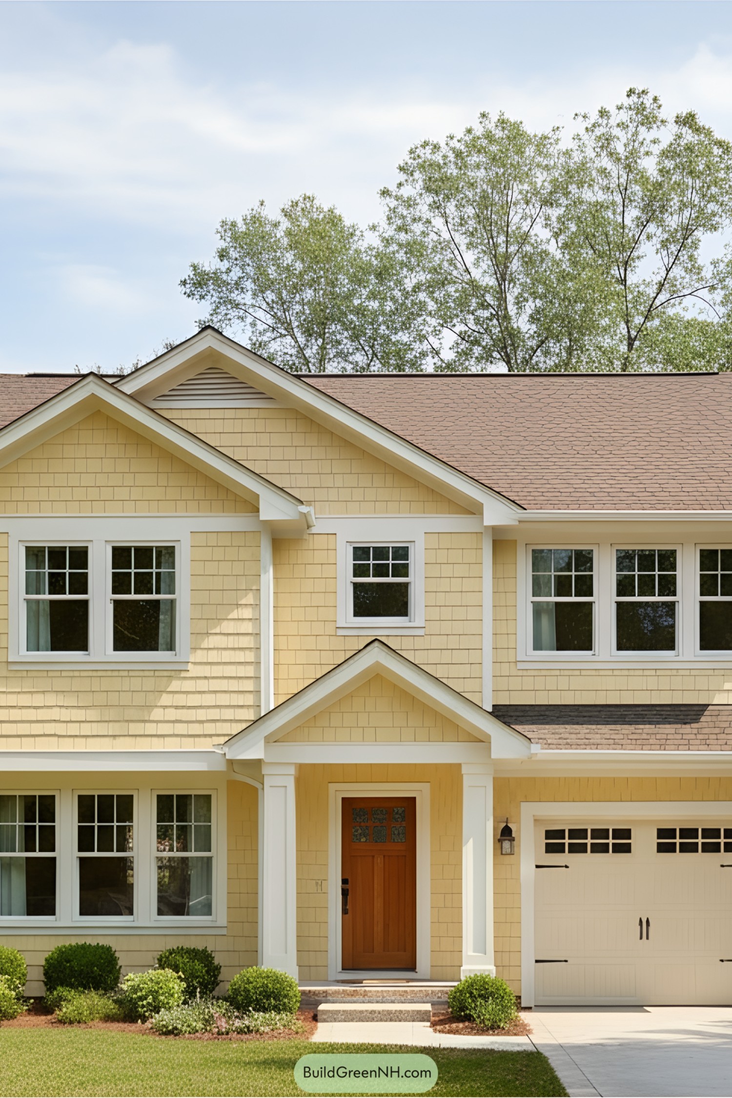 Yellow suburban house with brown roof and garage
