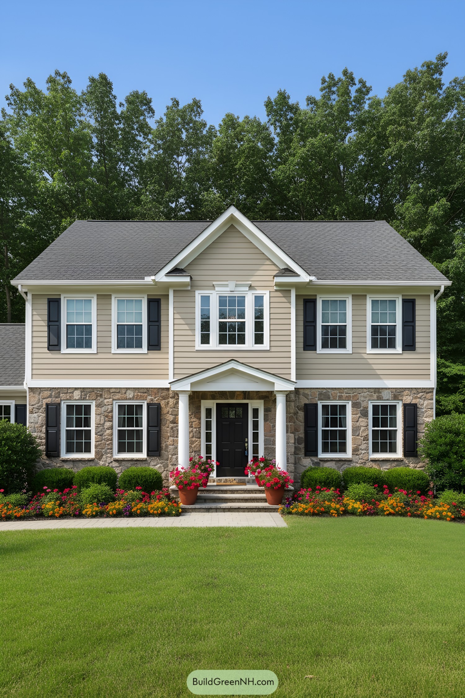 Traditional two-story suburban home with a manicured lawn