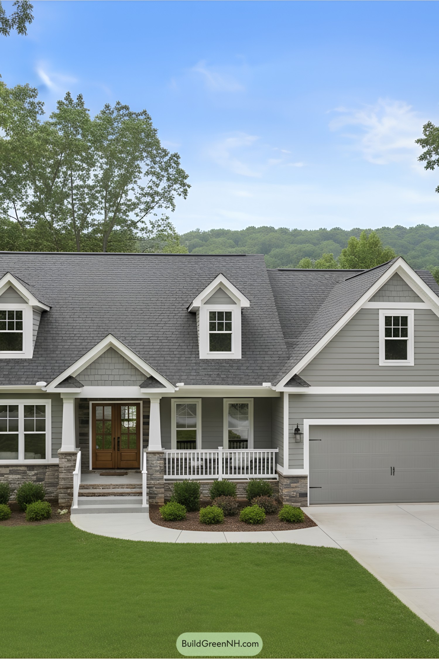 Suburban house with a porch and manicured lawn