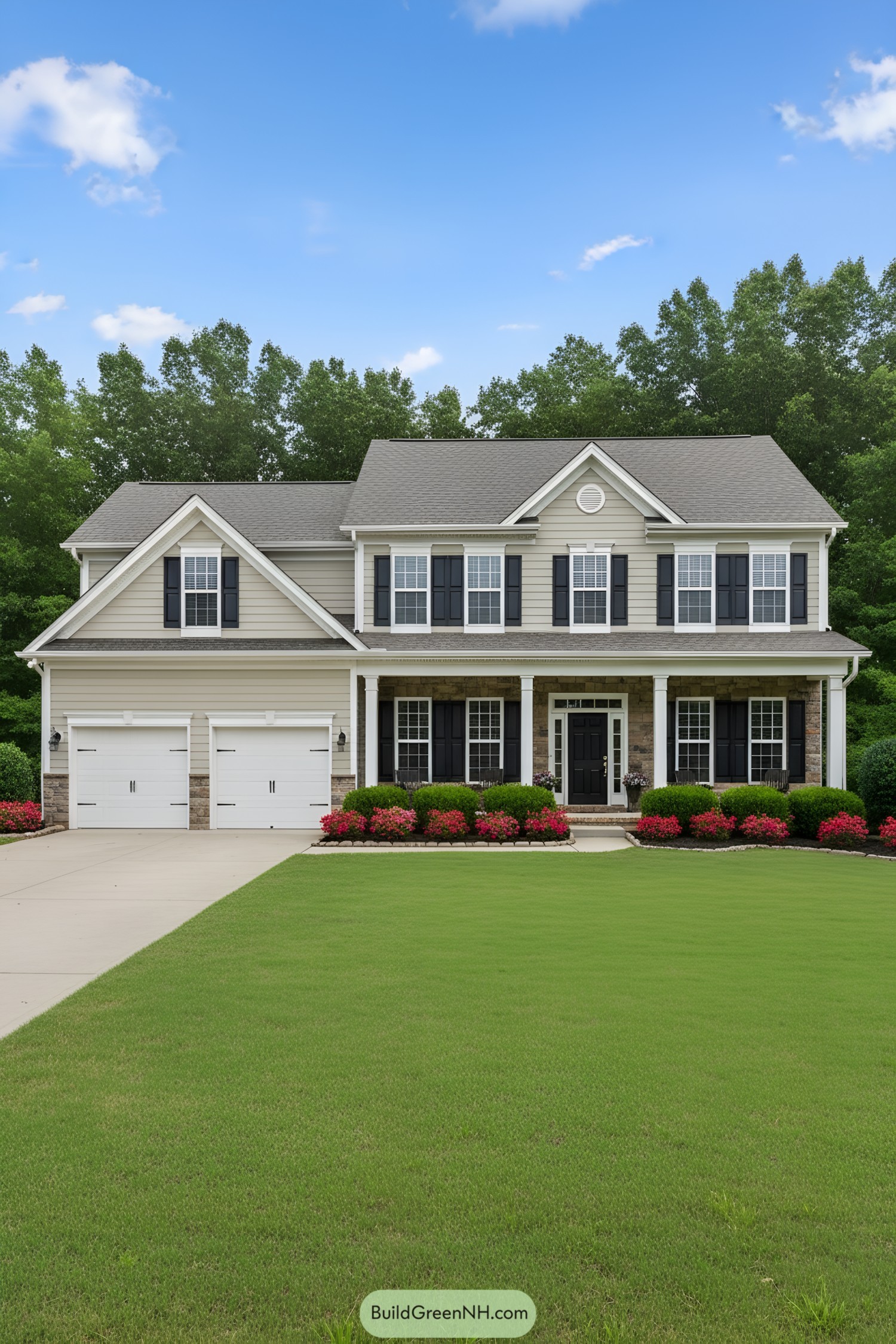 Two-story suburban house with a manicured lawn