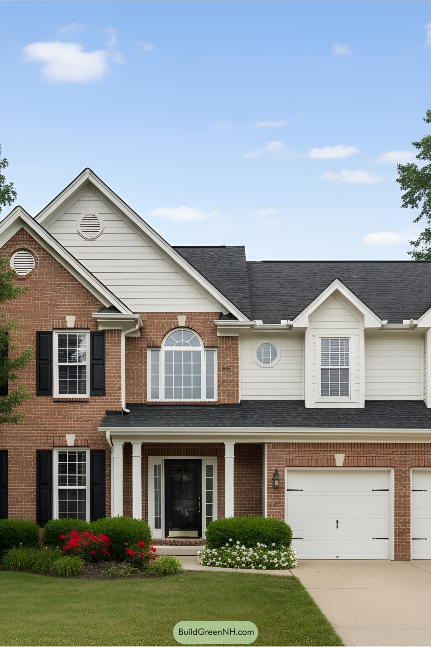 Traditional two-story suburban house with brick and siding exterior