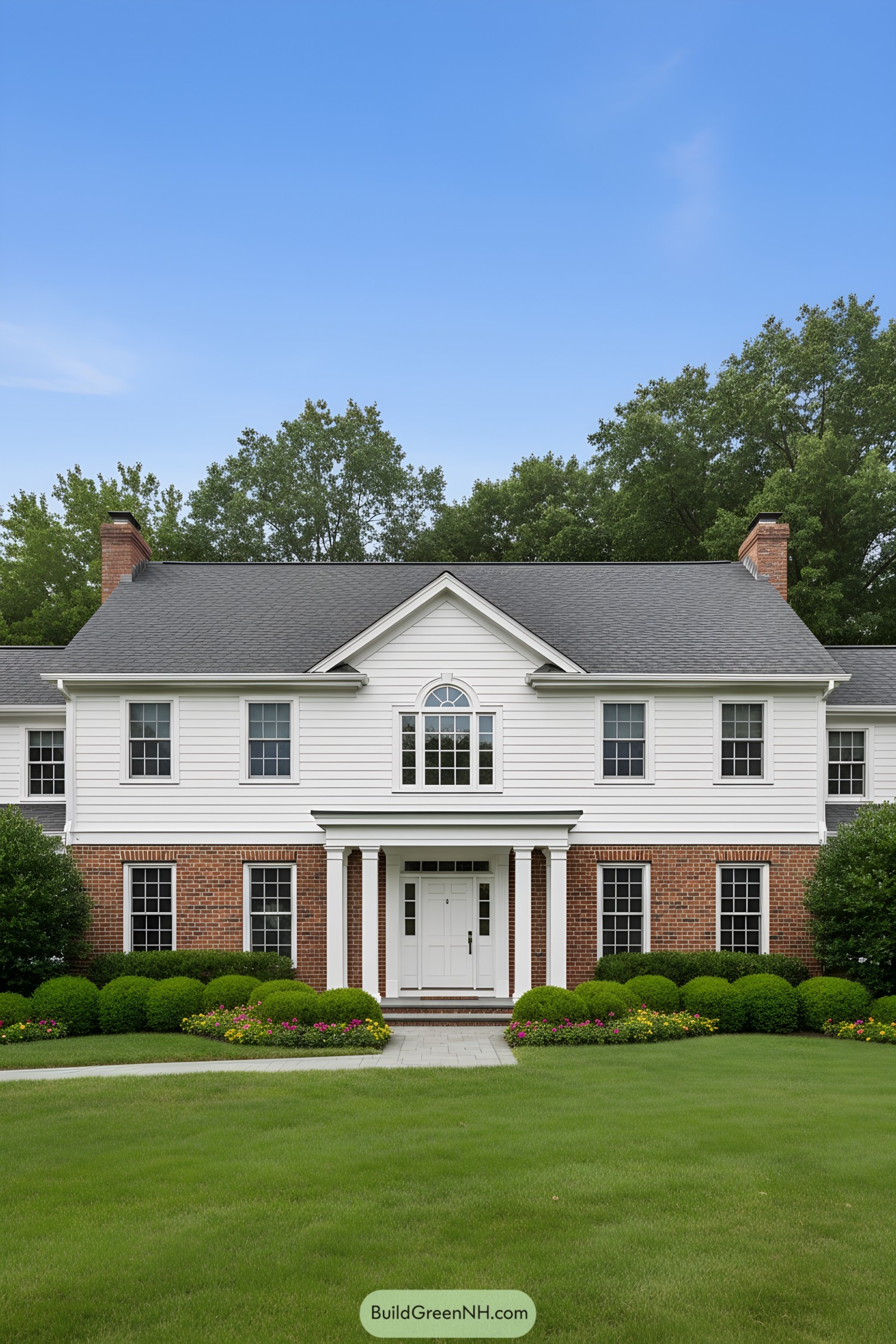 Suburban house with white siding and red brick facade, green lawn in front