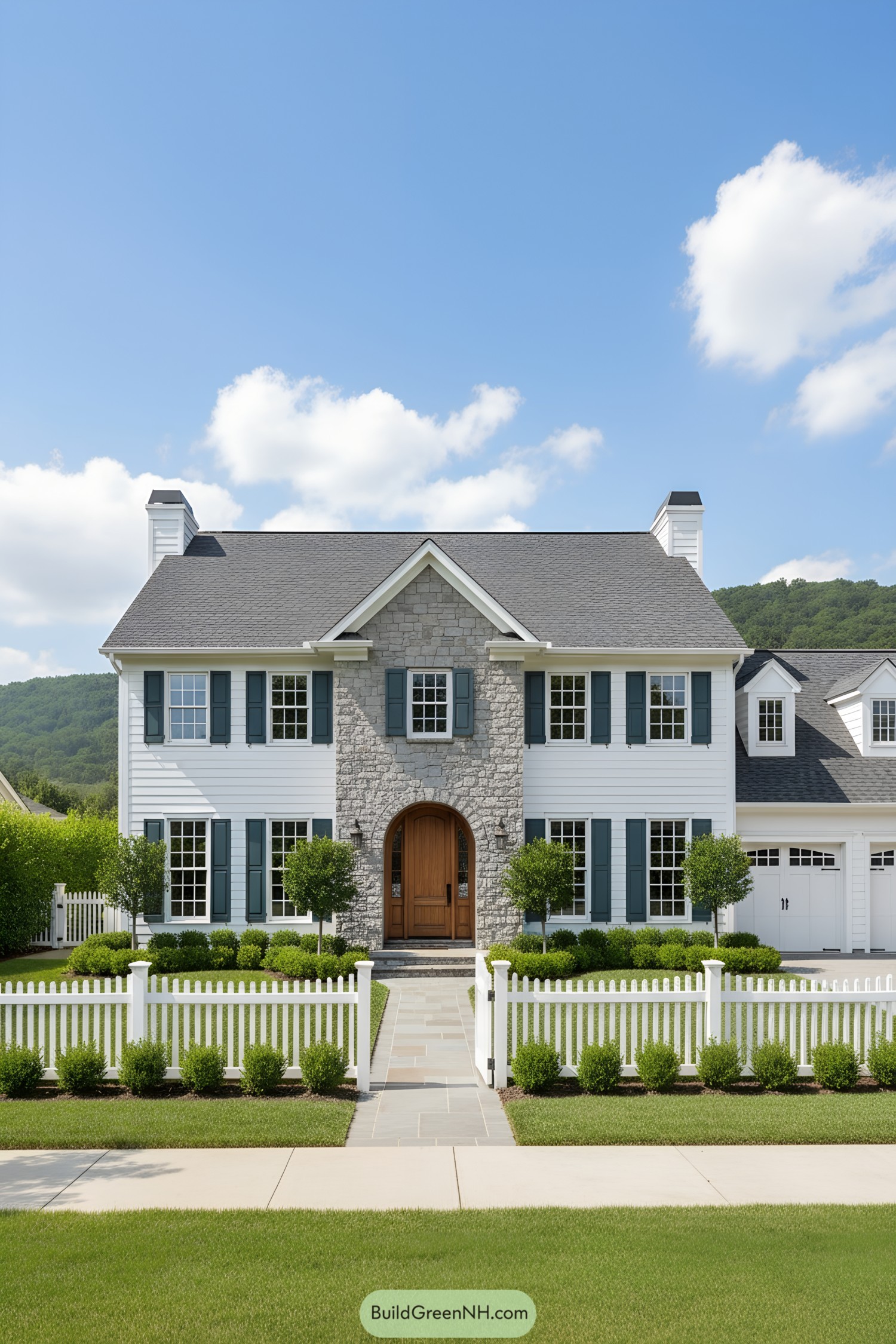 Two-story suburban house with stone facade and white picket fence