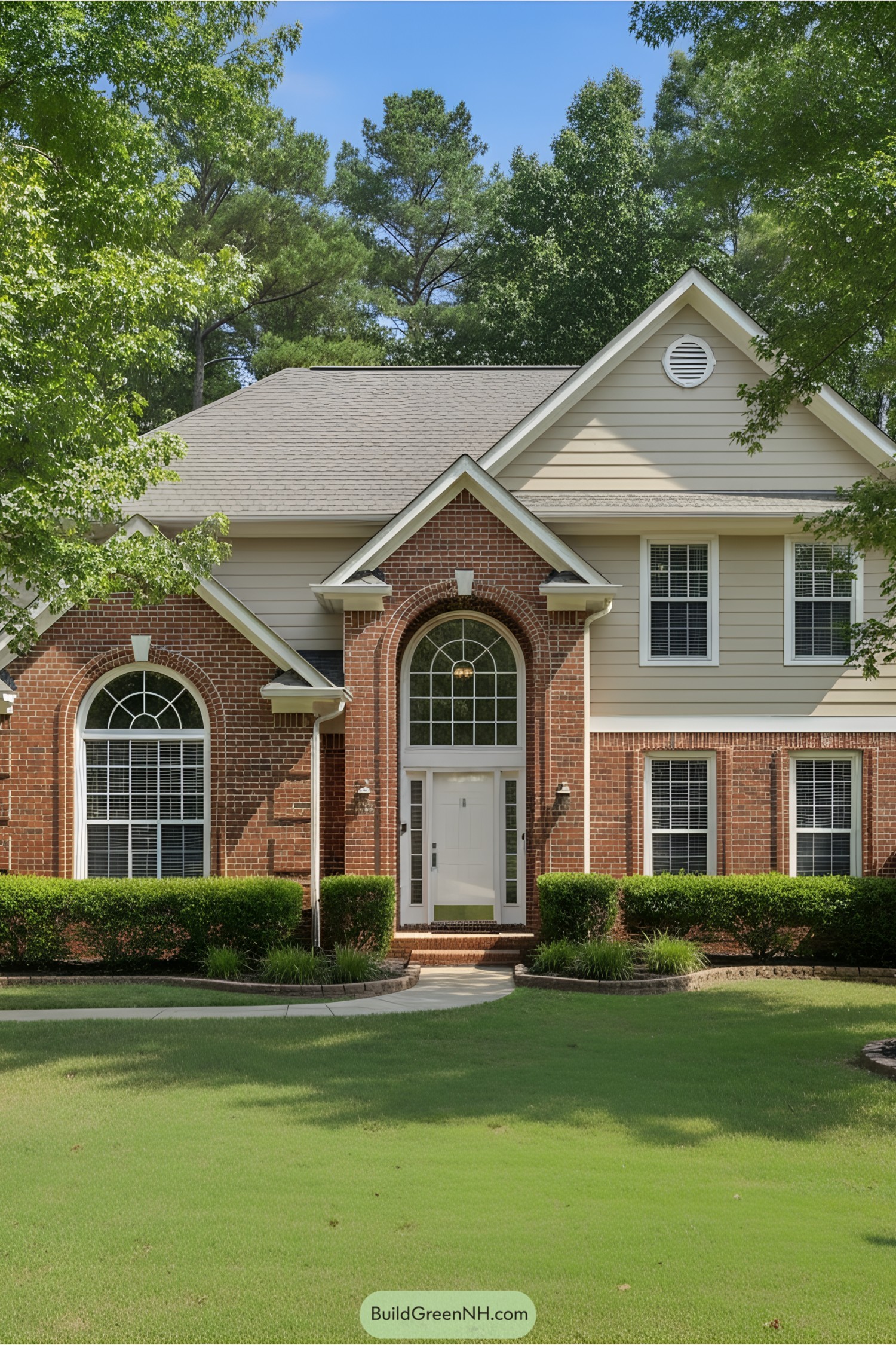 Traditional suburban house with brick and siding exterior