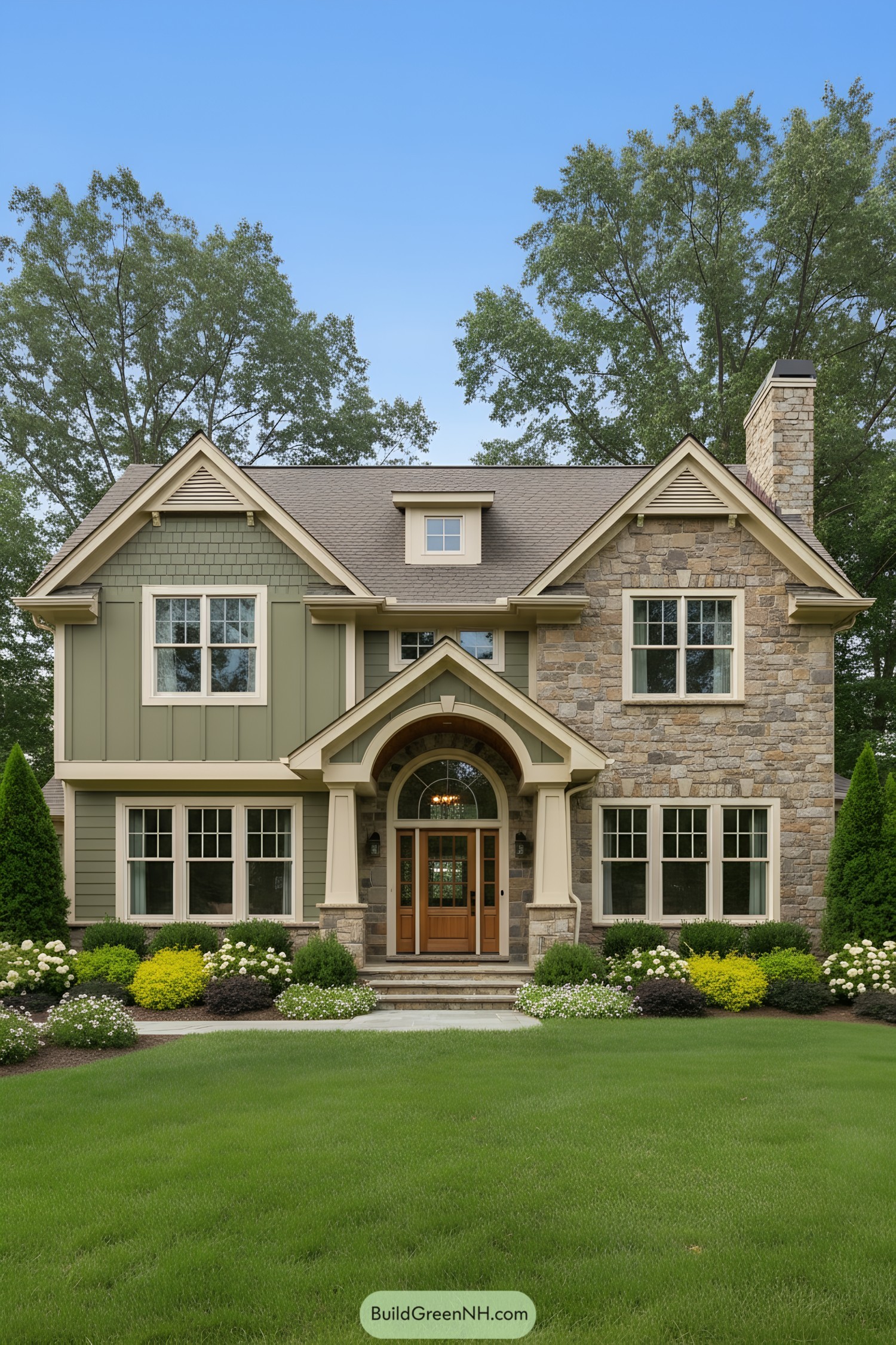 Traditional house with green siding and stone facade surrounded by lush greenery