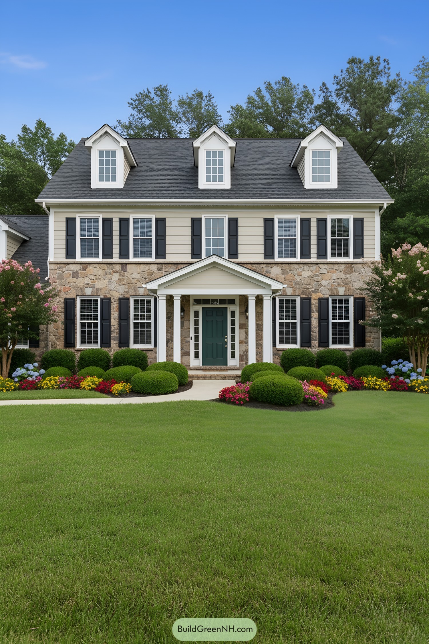 Traditional suburban house with stone facade and dormer windows