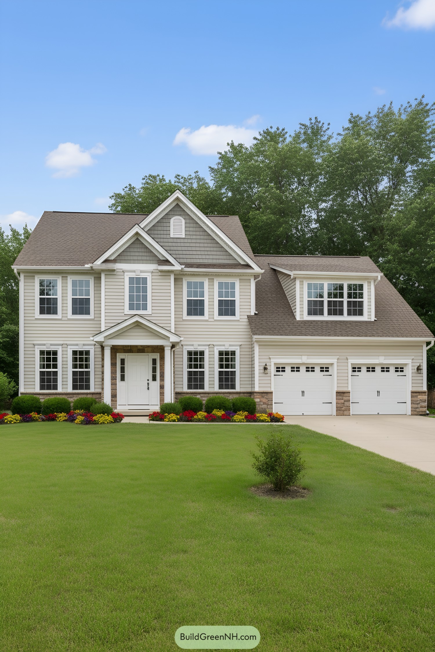 Traditional suburban house with lush lawn and two-car garage