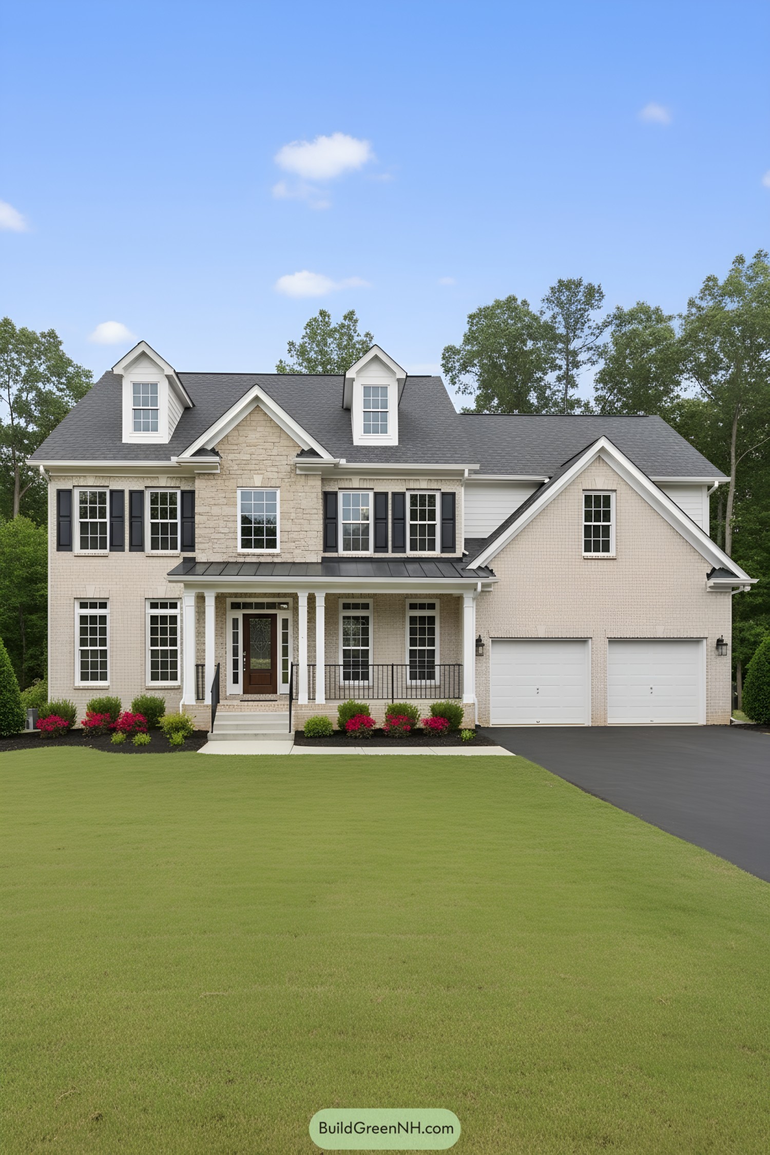 Traditional house with brick facade, black shutters, and a manicured lawn