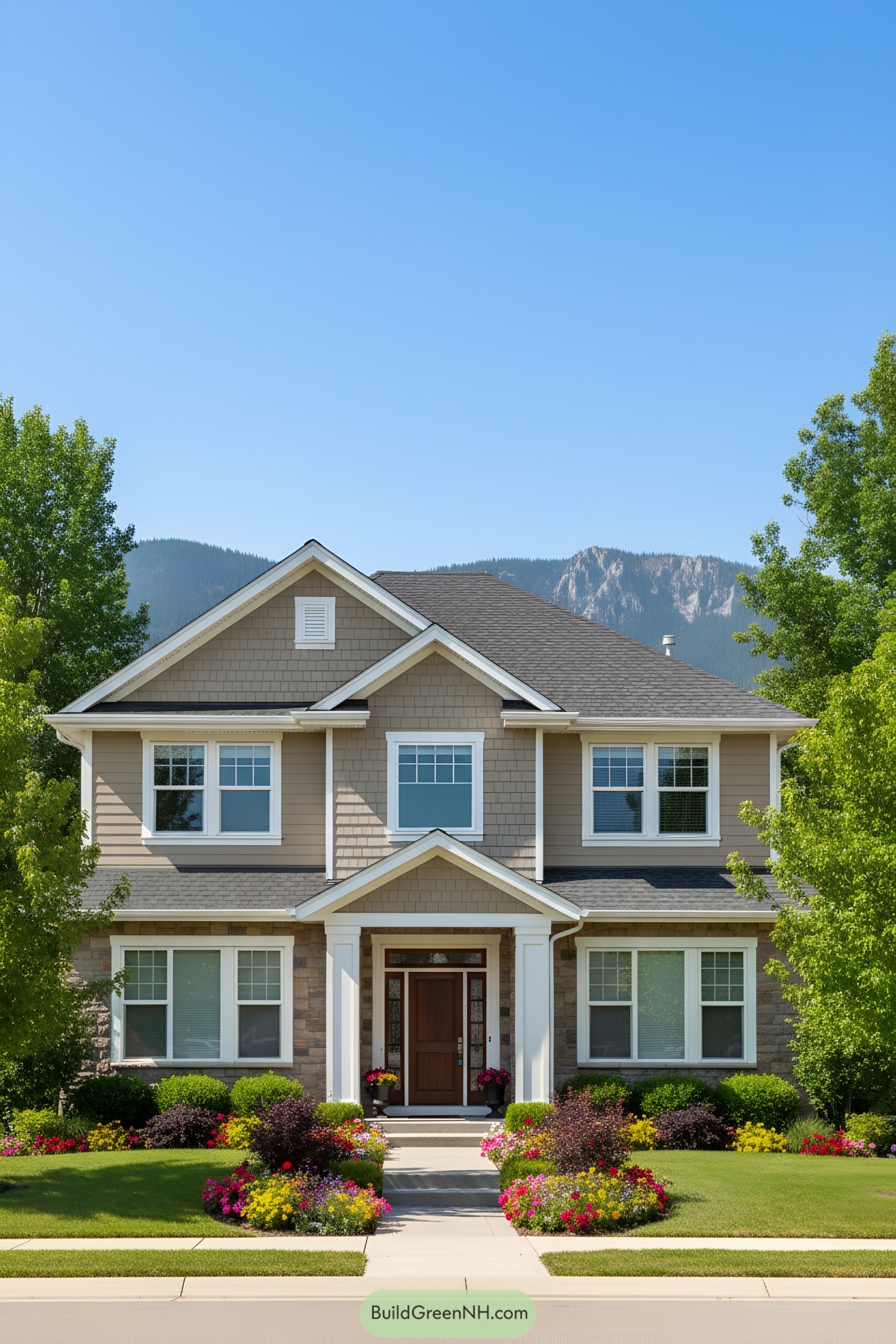 Two-story house with a manicured lawn and vibrant flowers