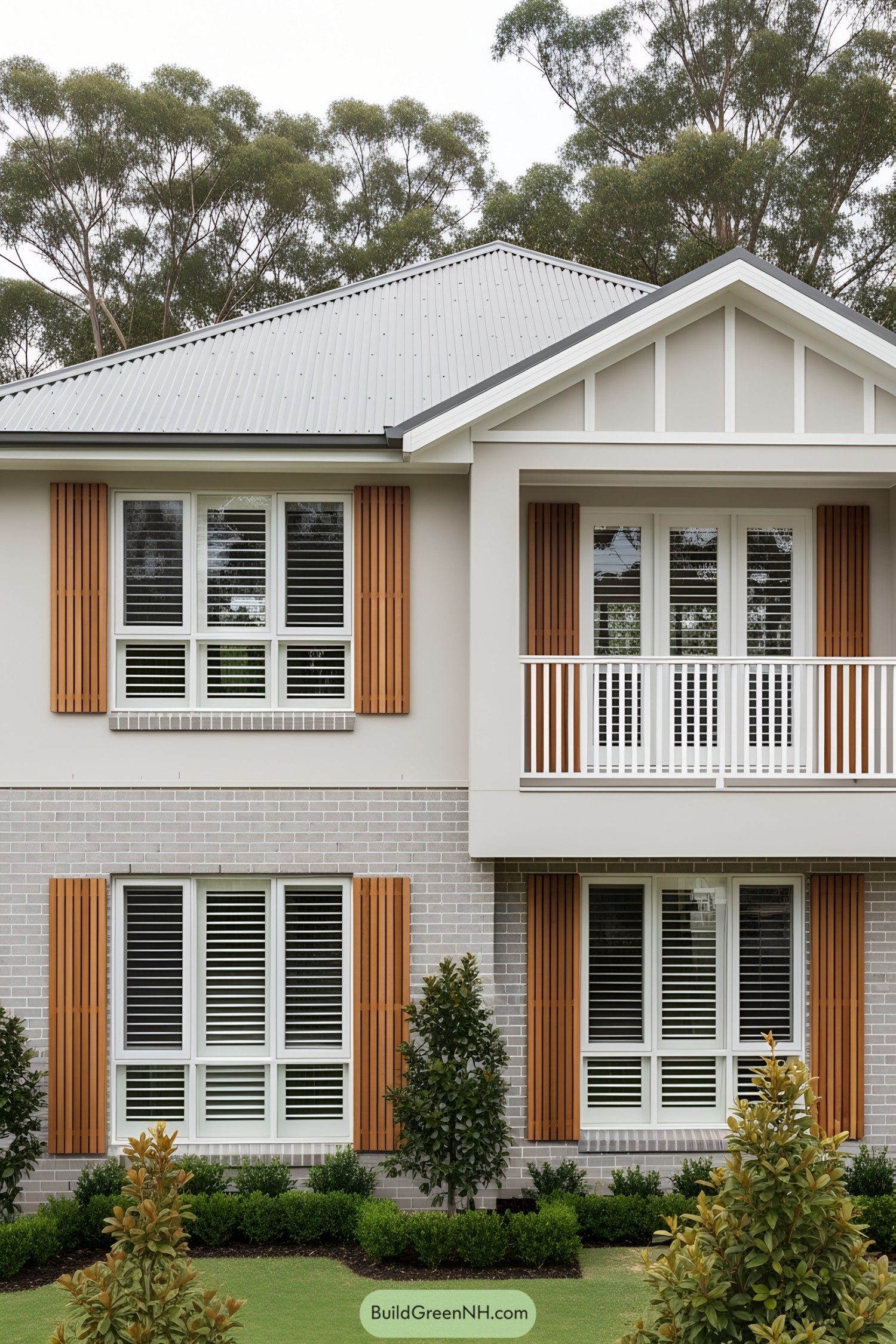 Brick house with warm-toned shutters and lush greenery
