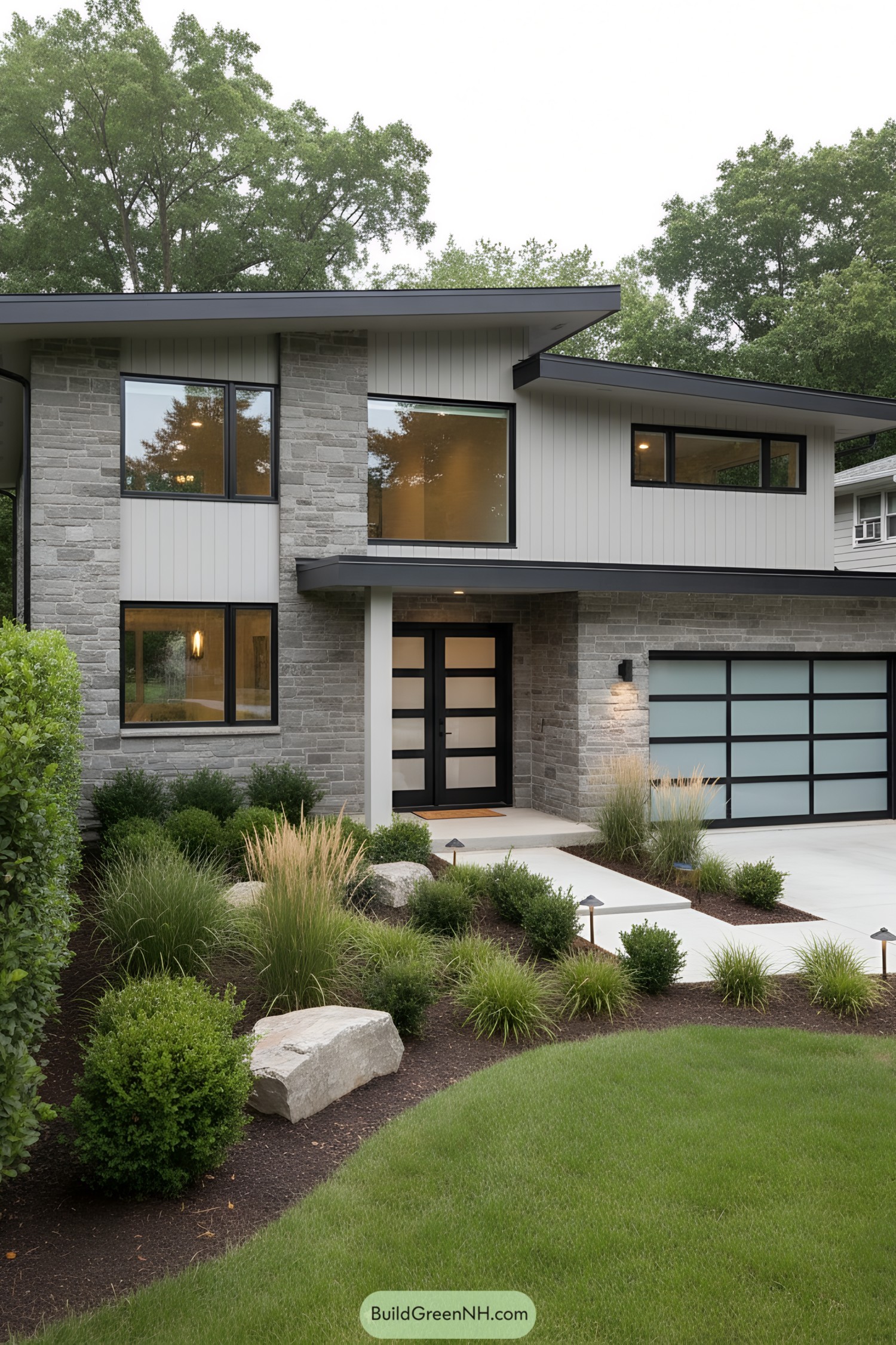 Two-story mid-century modern house with a stylish facade