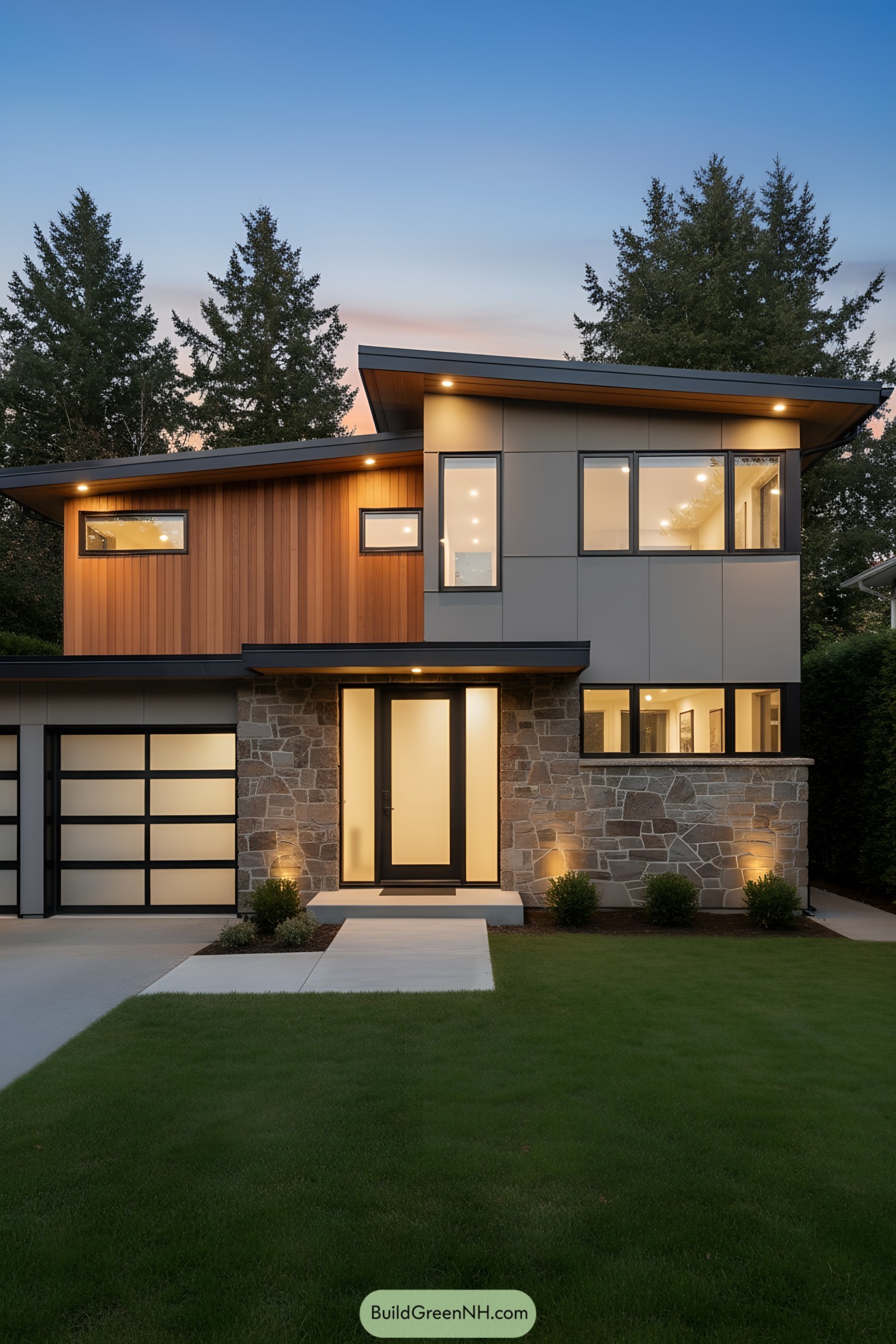 Two-story mid-century modern house at twilight