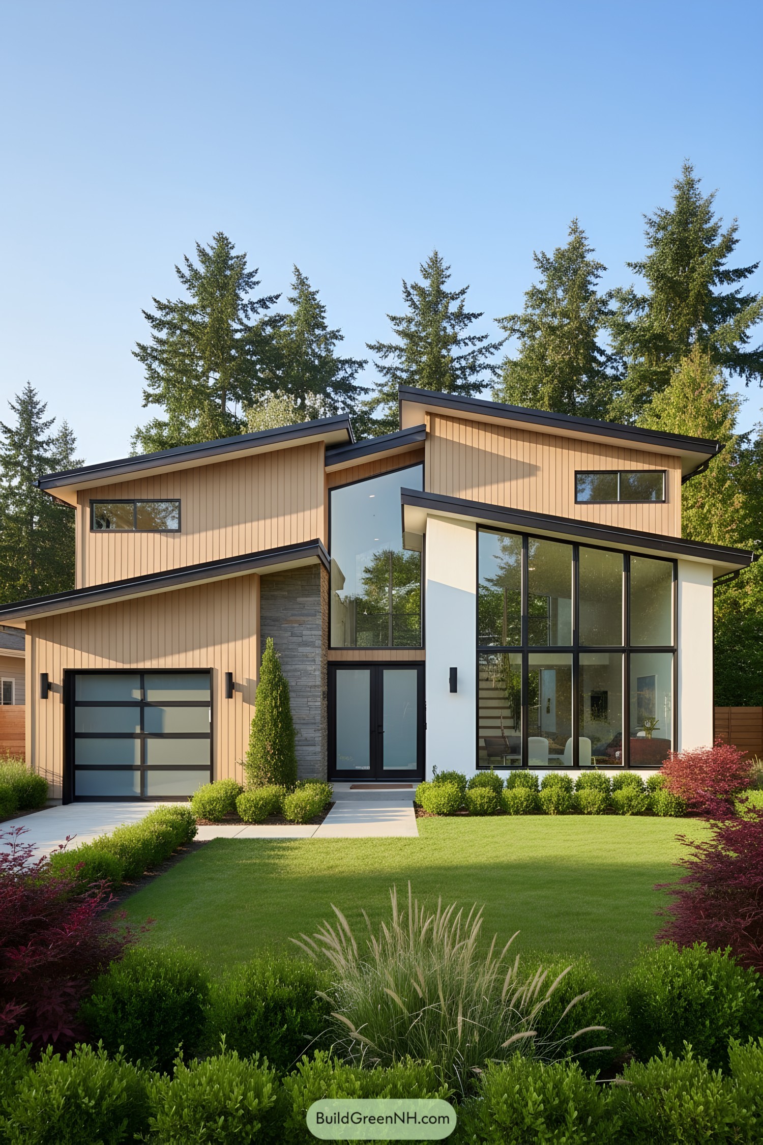 Two-story mid-century modern house with large windows and a sleek design