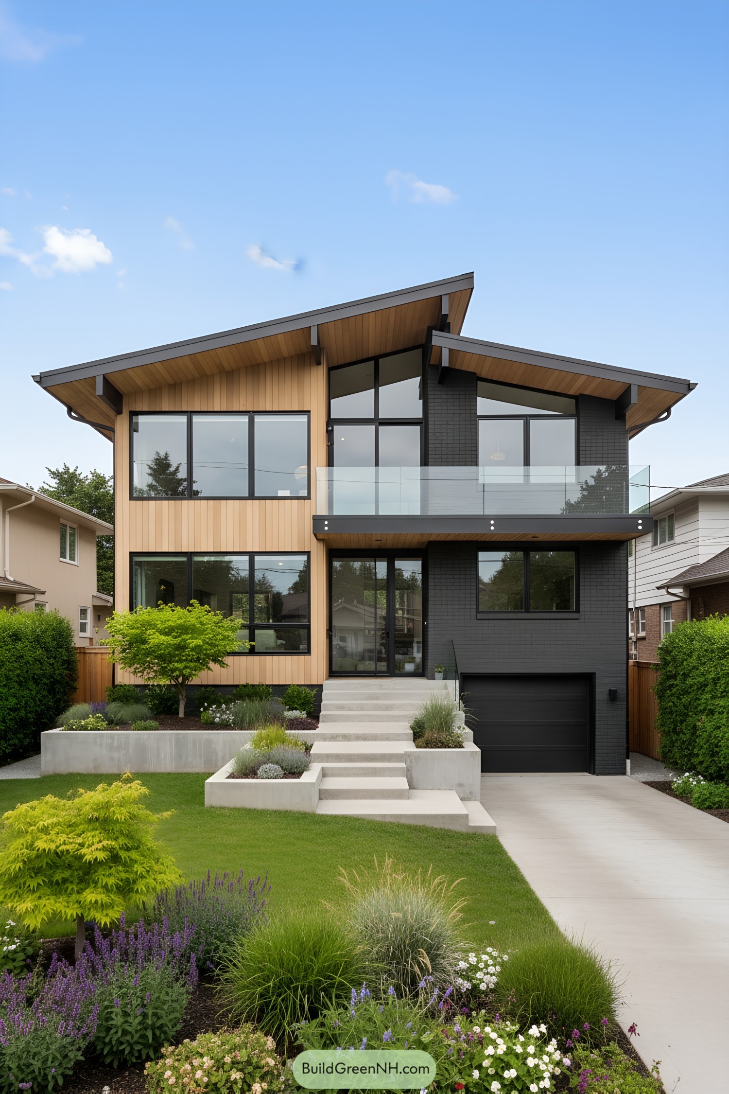 Modern two-story mid-century house with large windows and lush greenery