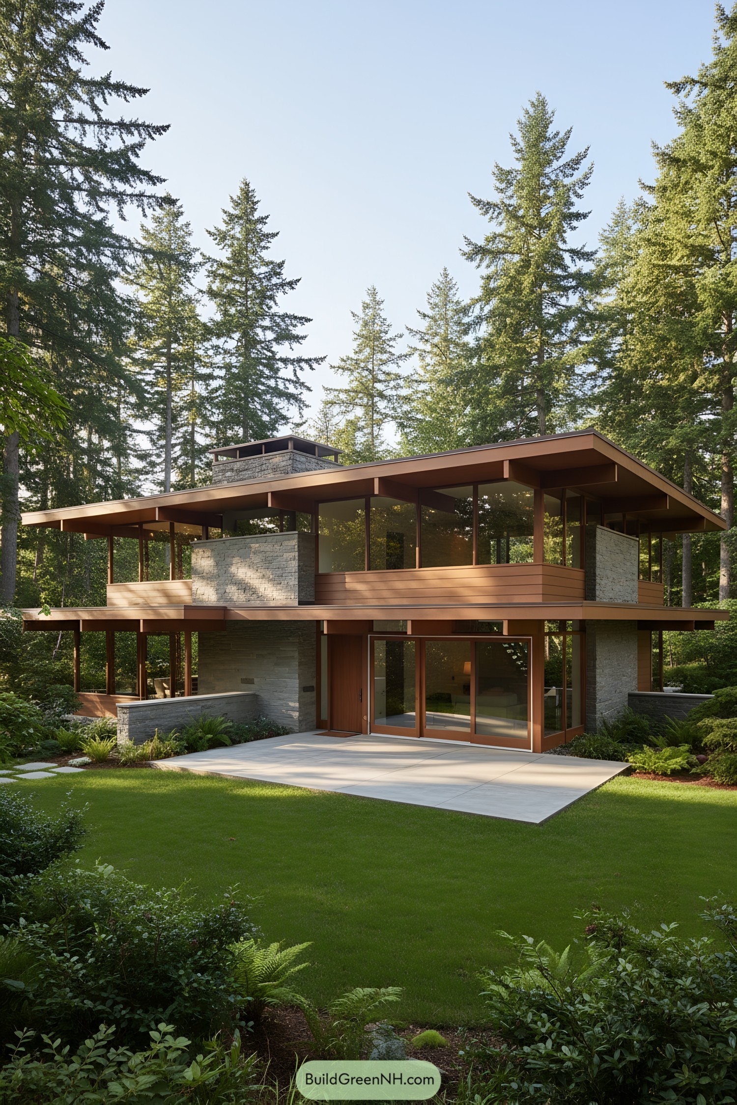 Two-story house surrounded by tall trees, featuring large windows and modern design