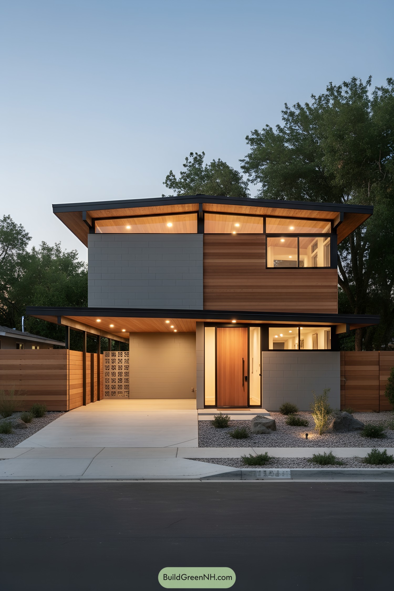 Two-story mid-century modern house with sleek wood and brick fascia
