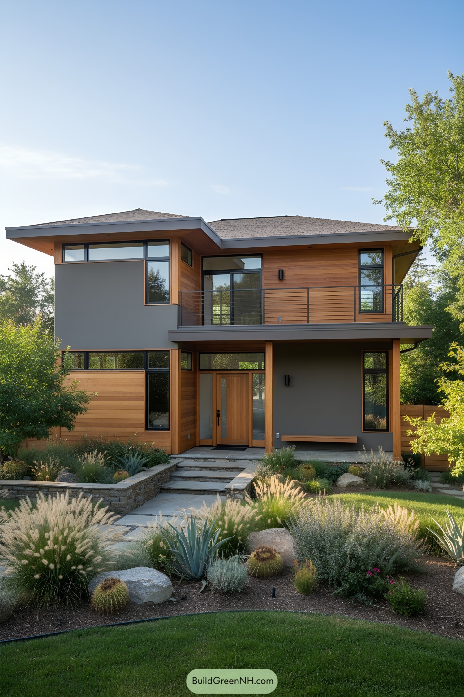 Modern two-story house with wood and gray accents, surrounded by lush greenery