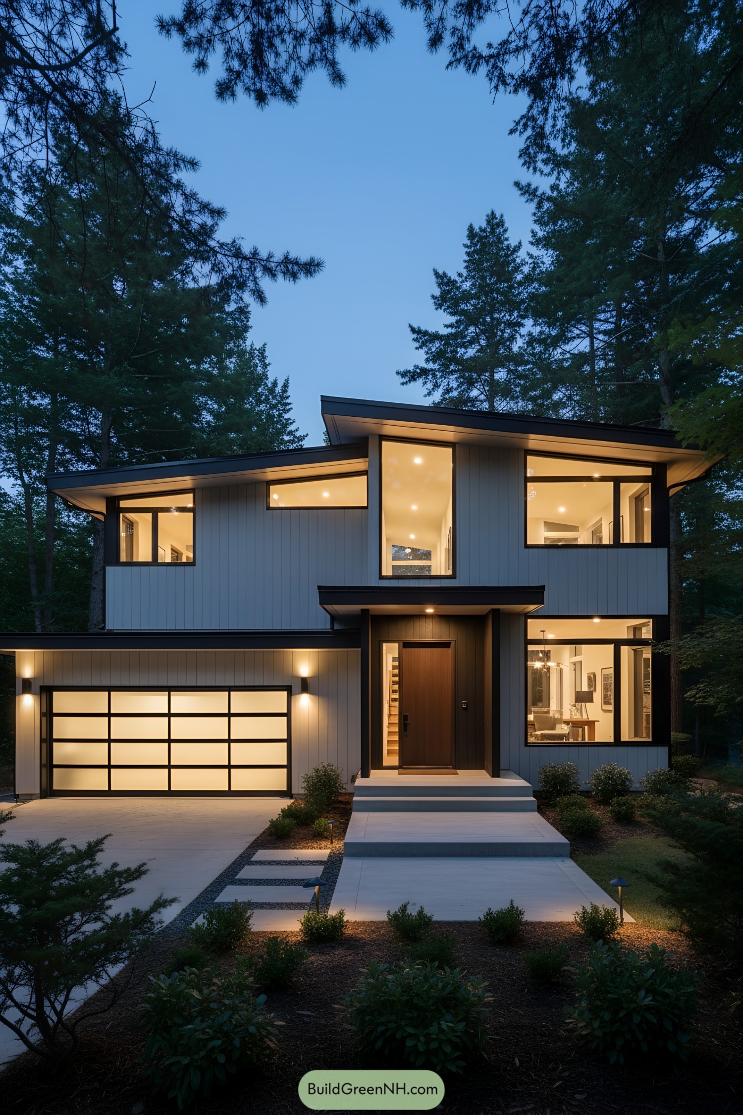 Two-story mid-century modern house glowing at dusk