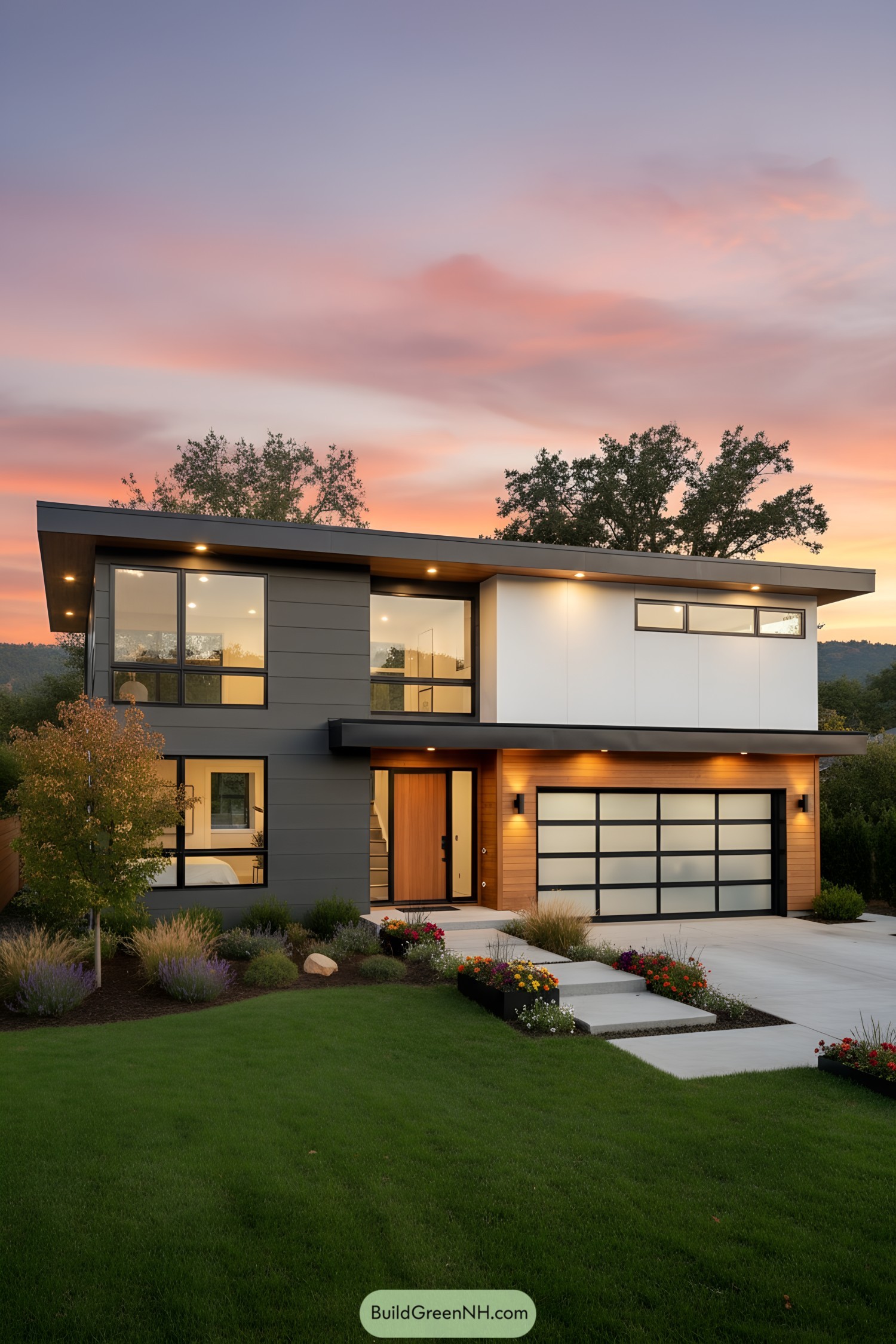 Two-story mid-century house at sunset