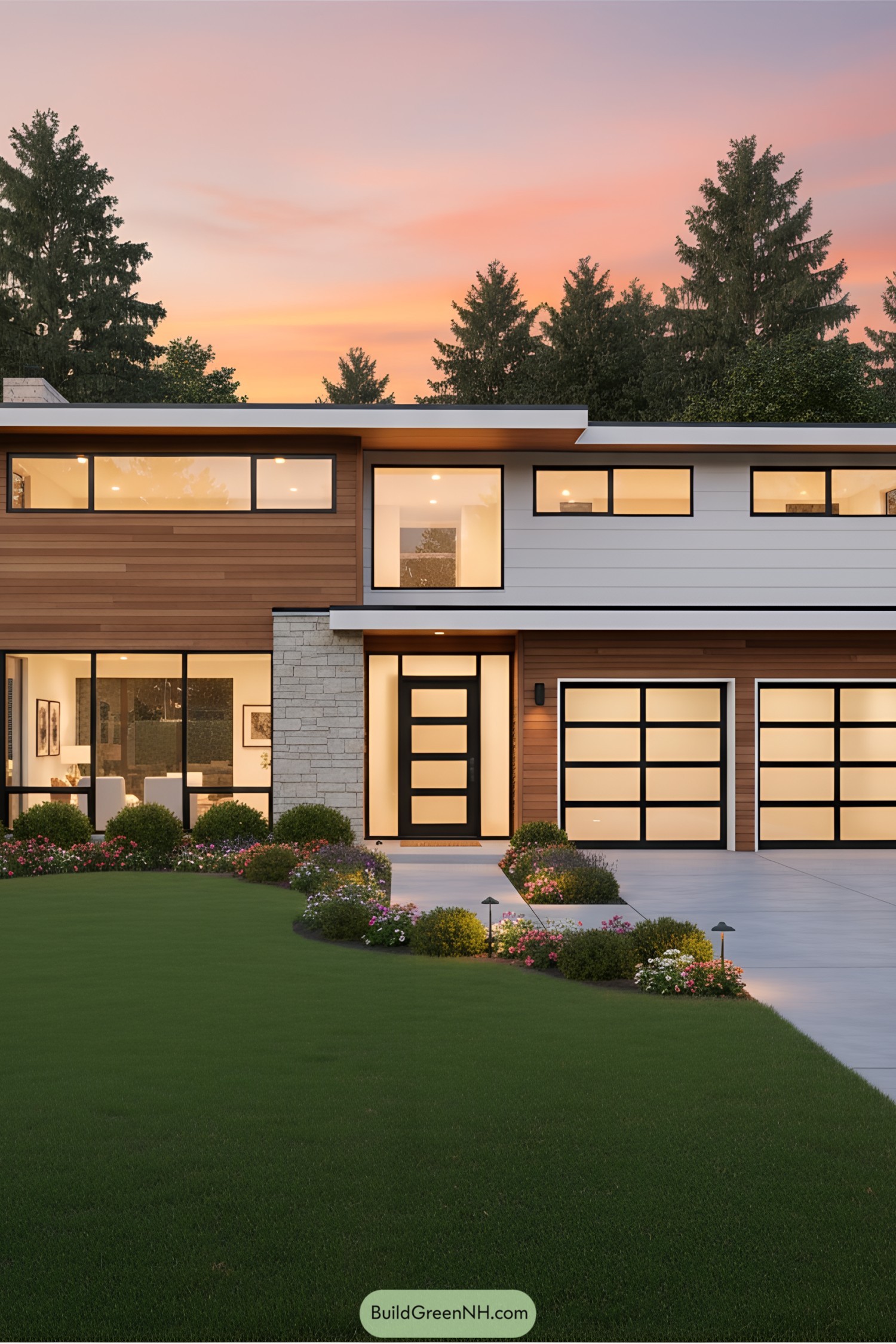 Two-story mid-century modern house with large windows at sunset