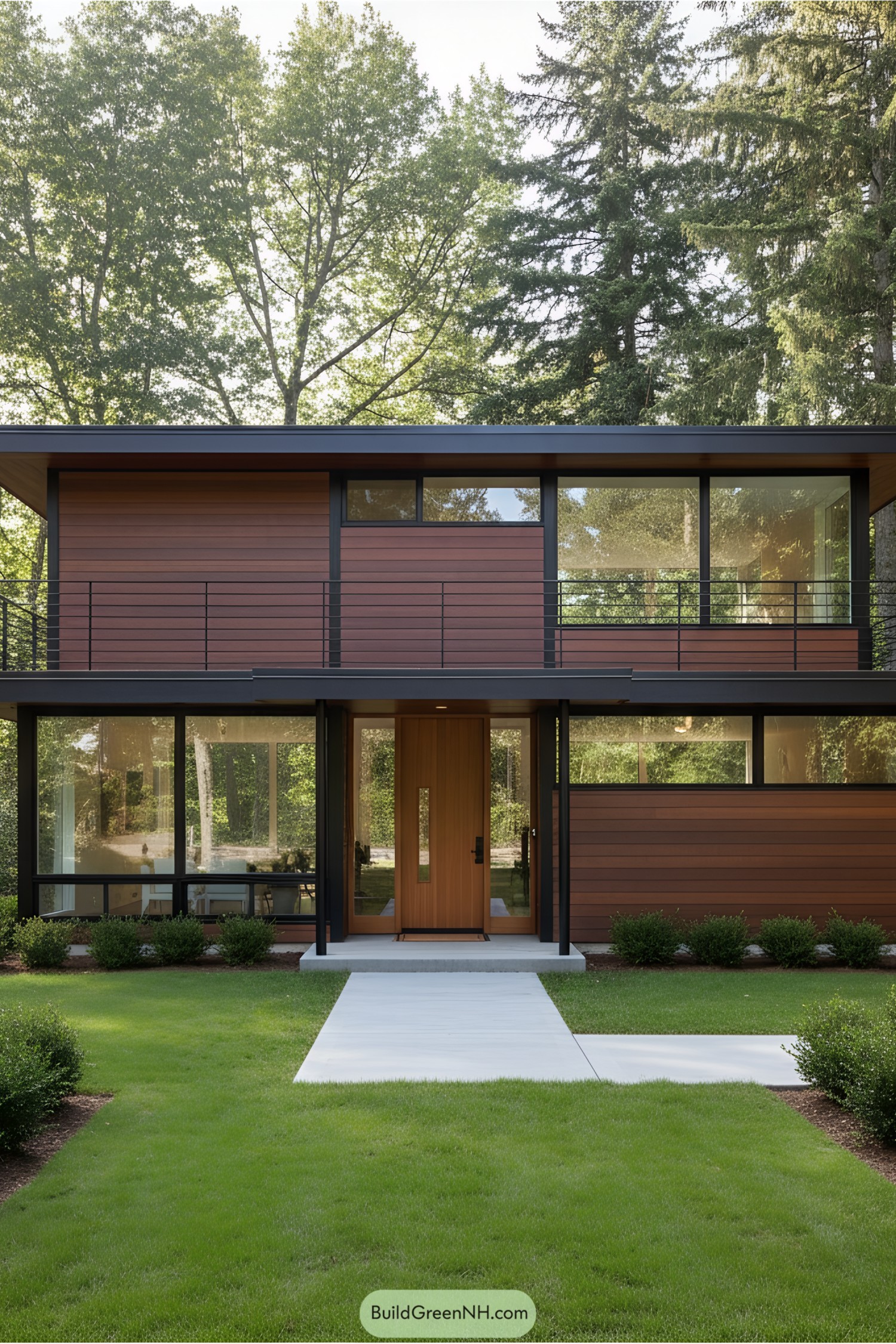 Two-story mid-century modern house surrounded by lush greenery