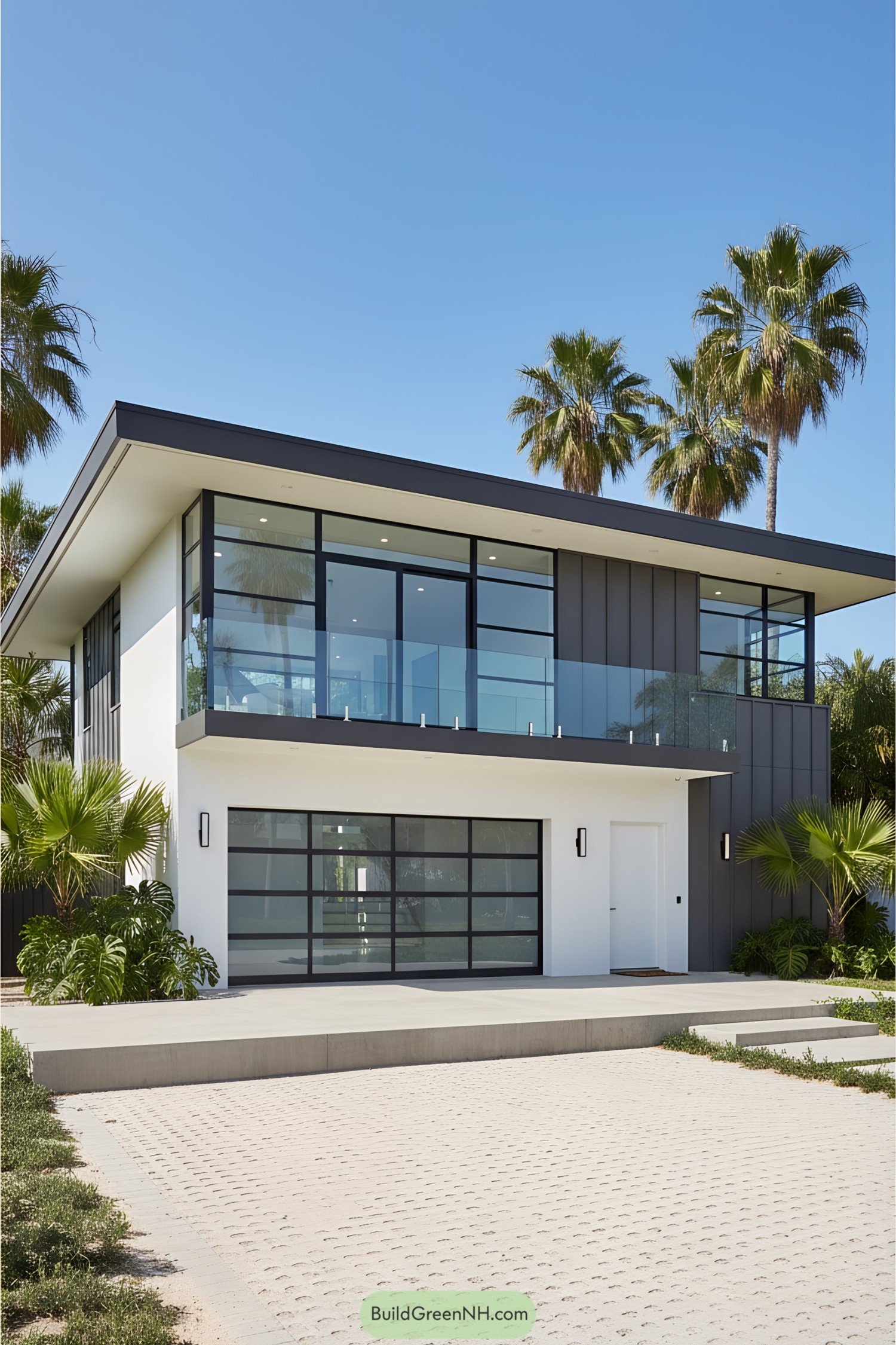 Two-story mid-century modern house flanked by palm trees