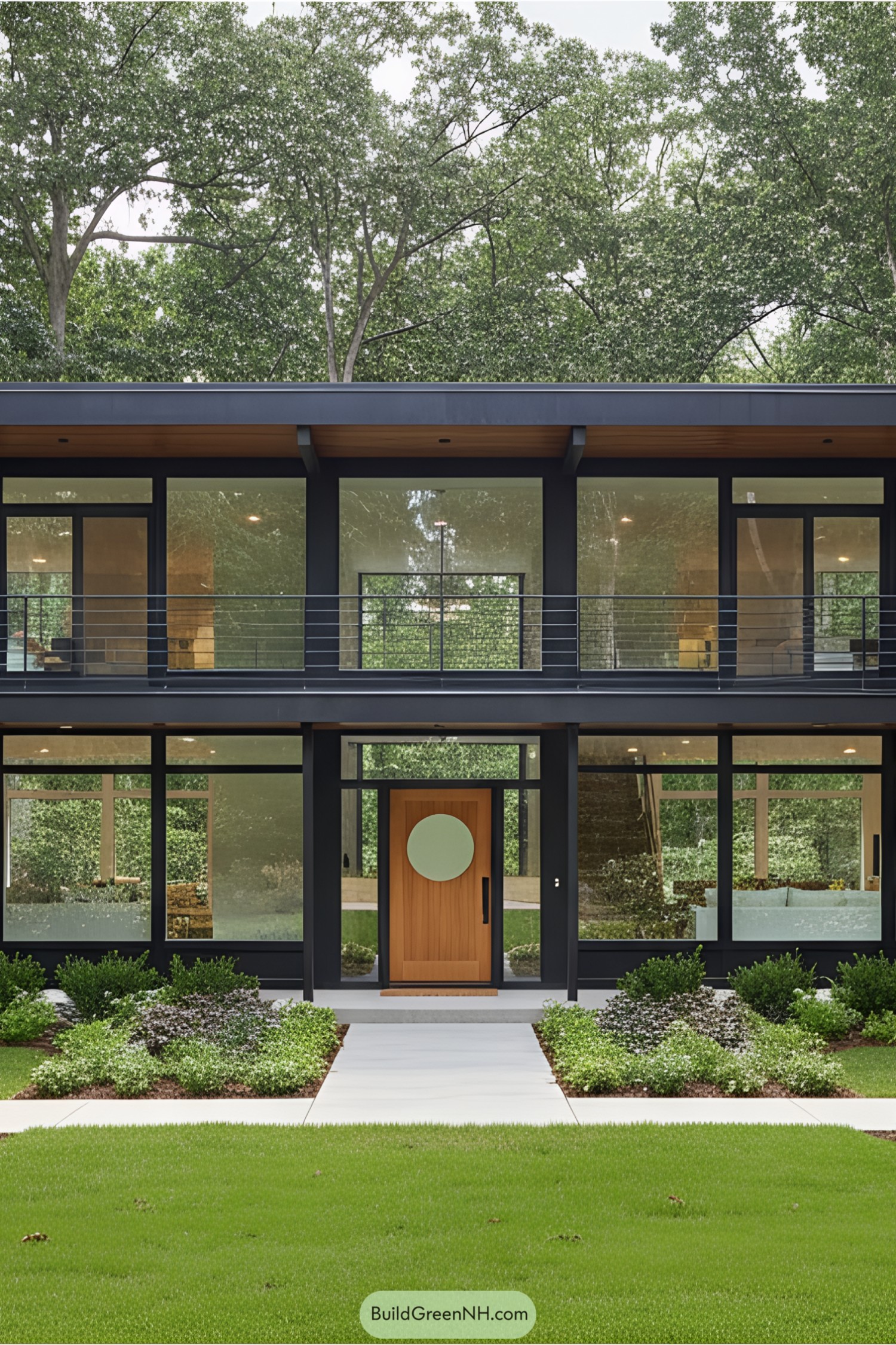 Two-story mid-century modern house with large windows and wooden door