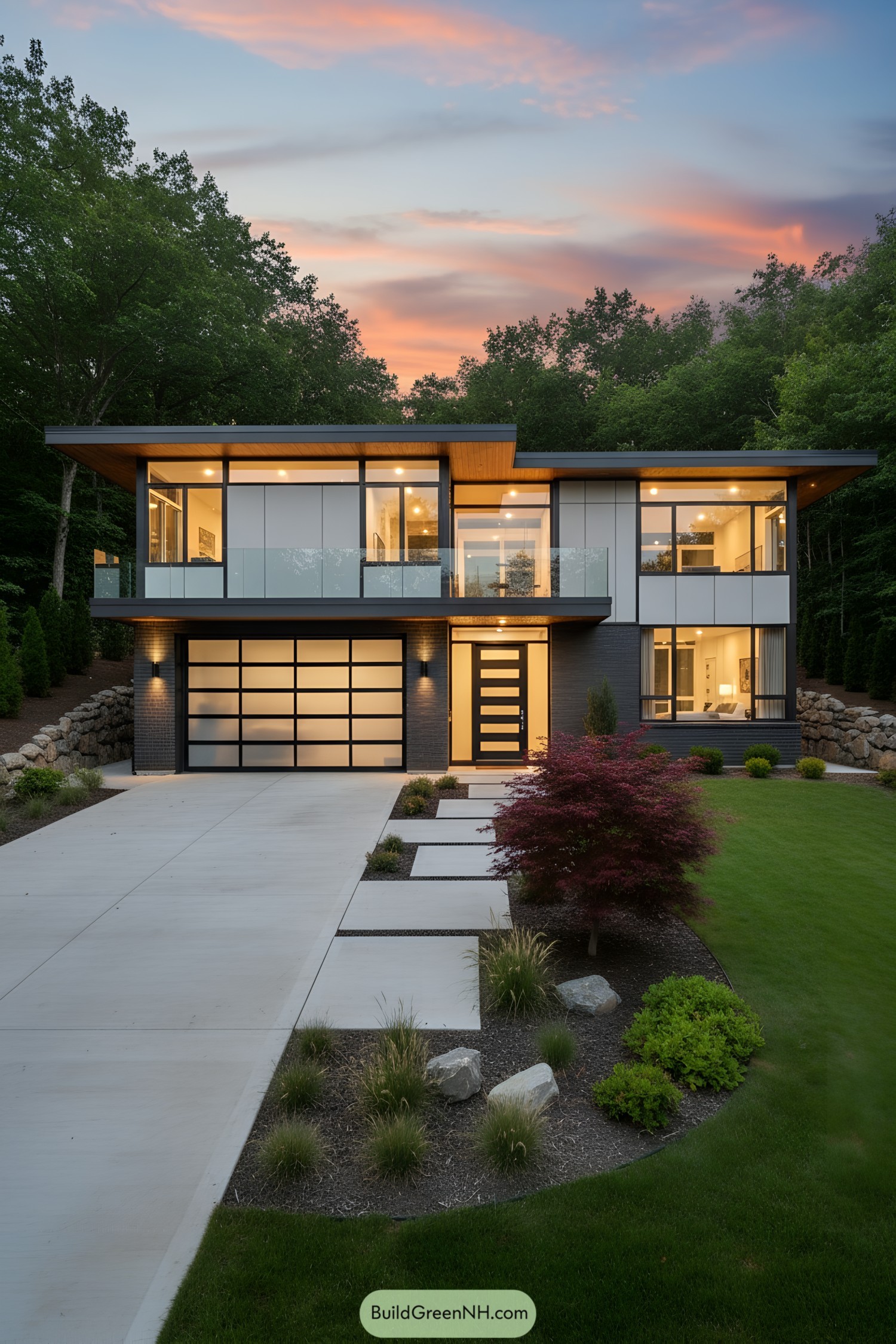 Modern two-story house with glass front and sleek lines