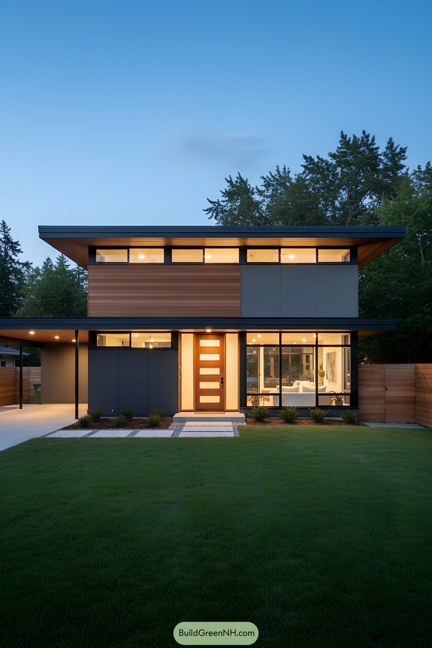 A sleek two-story mid-century modern house with wooden accents and large windows