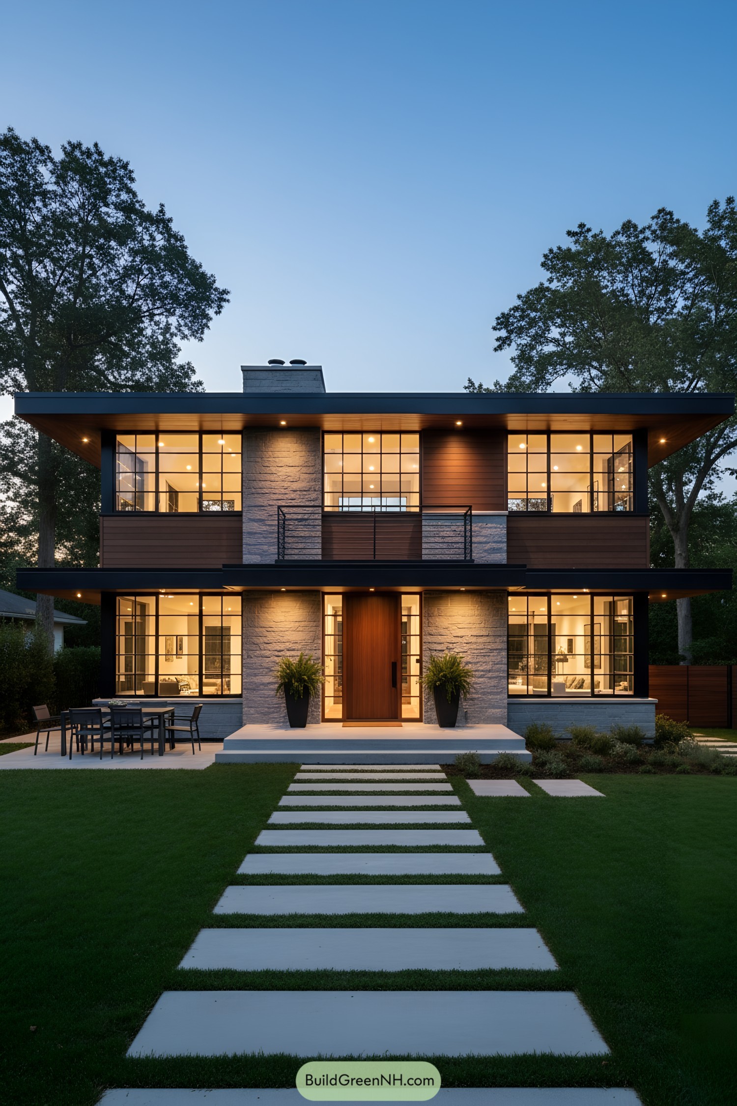 Two-story mid-century modern house amidst trees