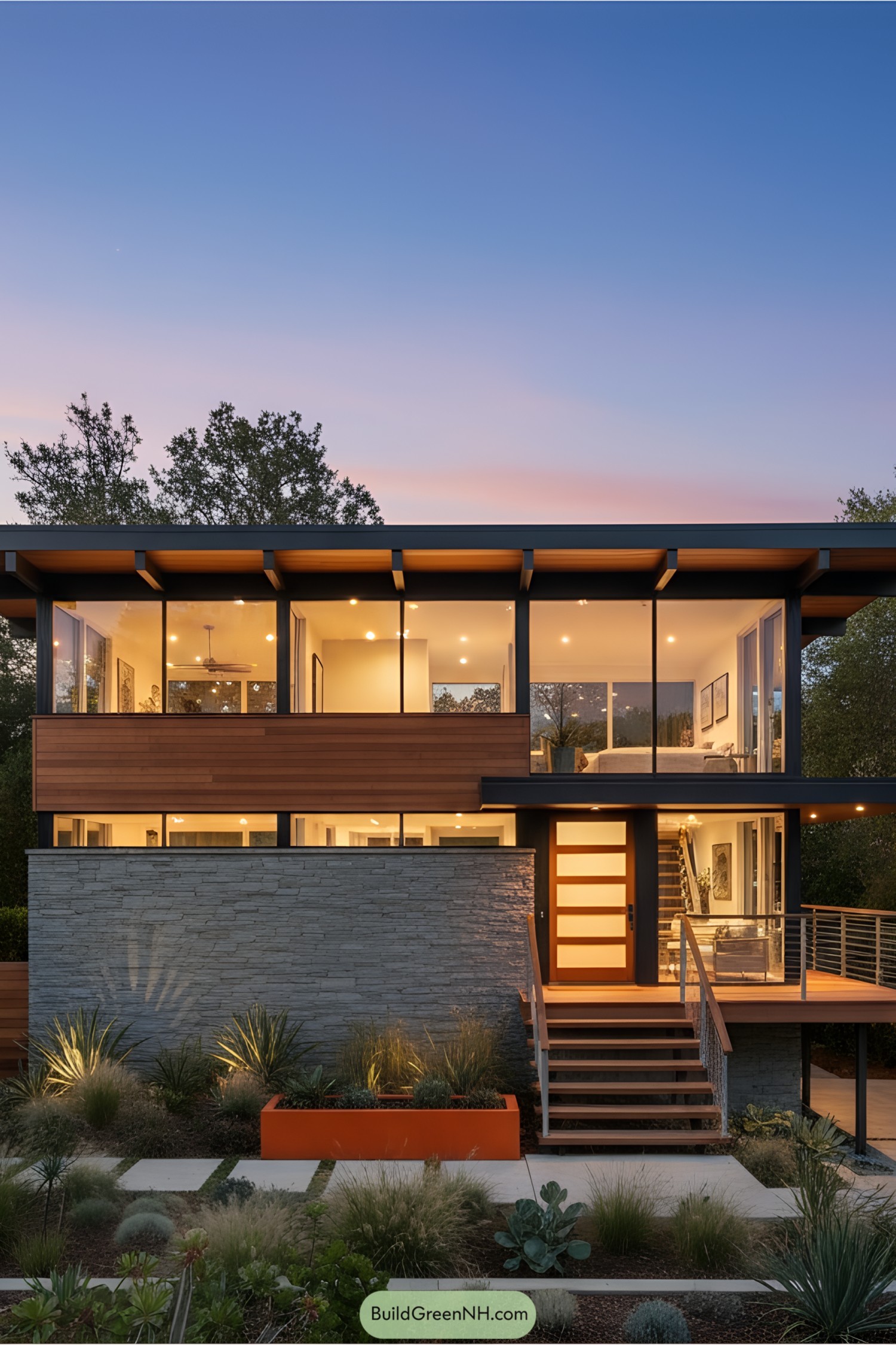 Sleek mid-century modern home with large windows and a sunset backdrop