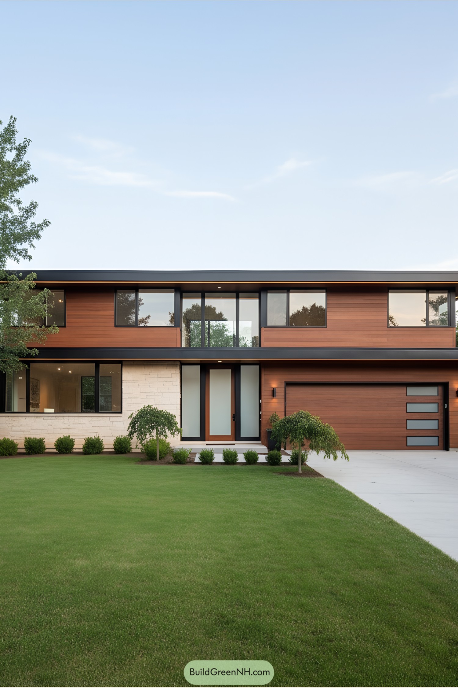 Two-story mid-century modern house with wooden facade and large windows