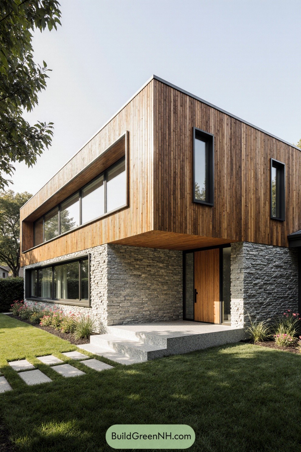 Modern house with timber slat cladding and stone exterior
