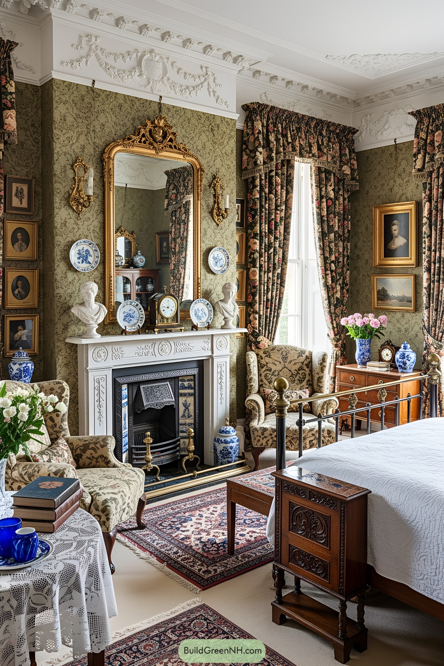Victorian-style bedroom with elaborate decorations and floral touches