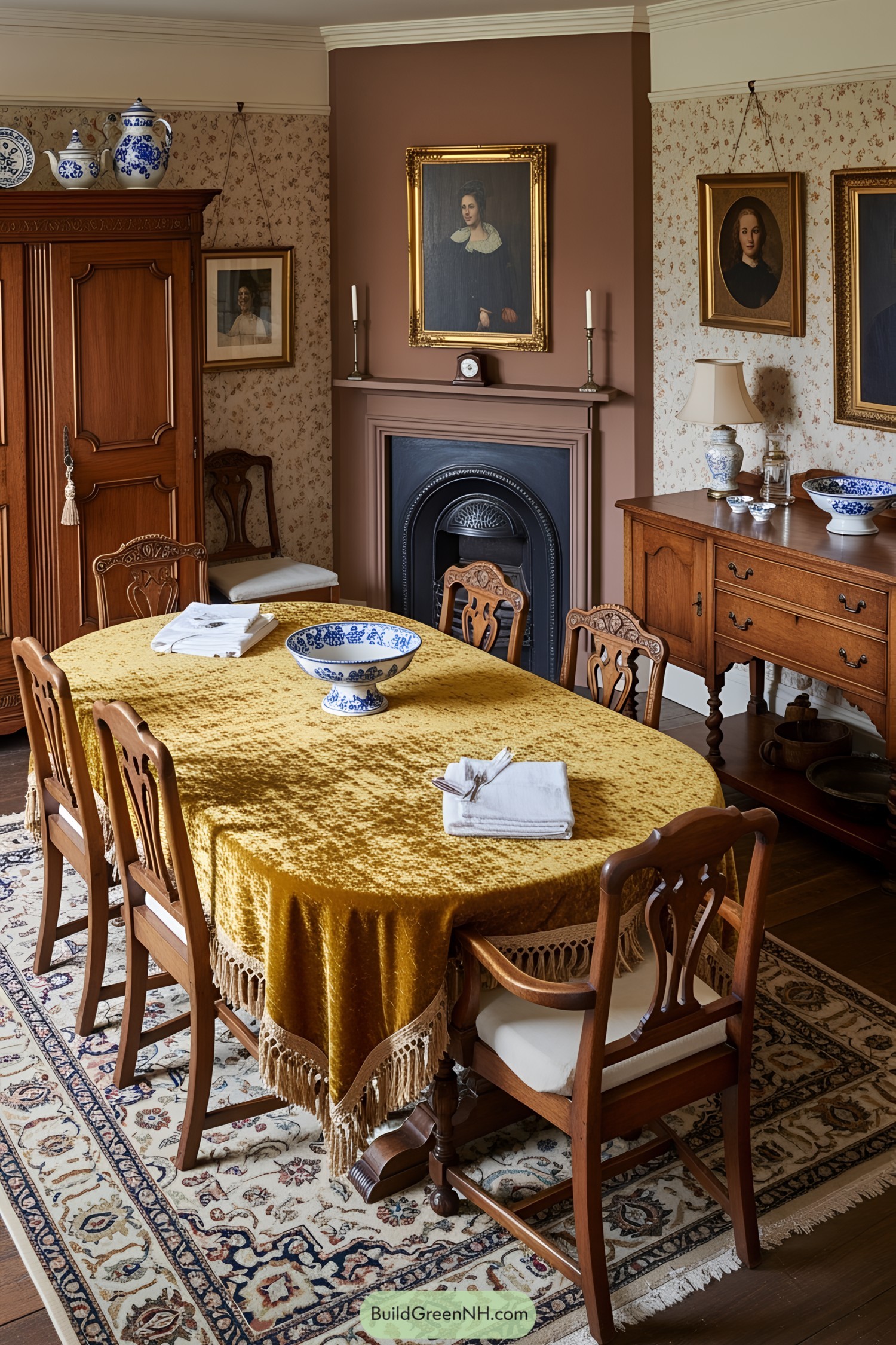 Victorian dining room with ornate furnishings and portraits