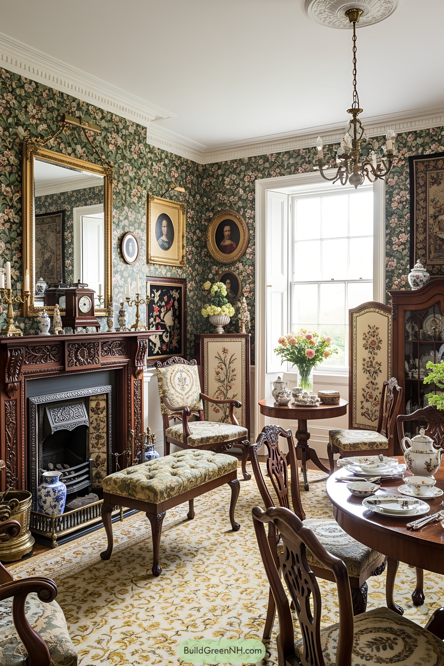 Victorian living room with floral wallpaper and antique furniture