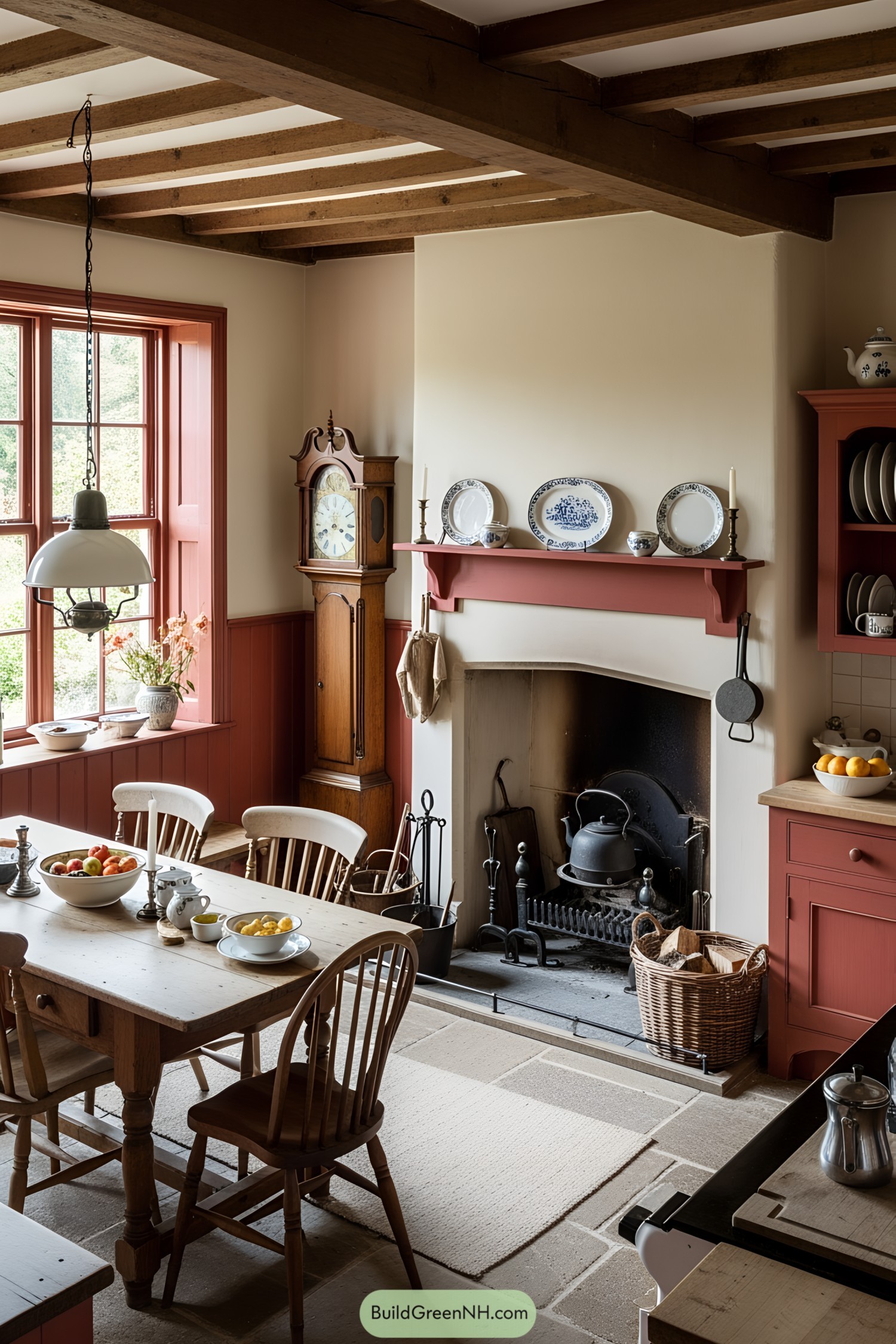 Victorian cottage kitchen with wooden beams and vintage decor