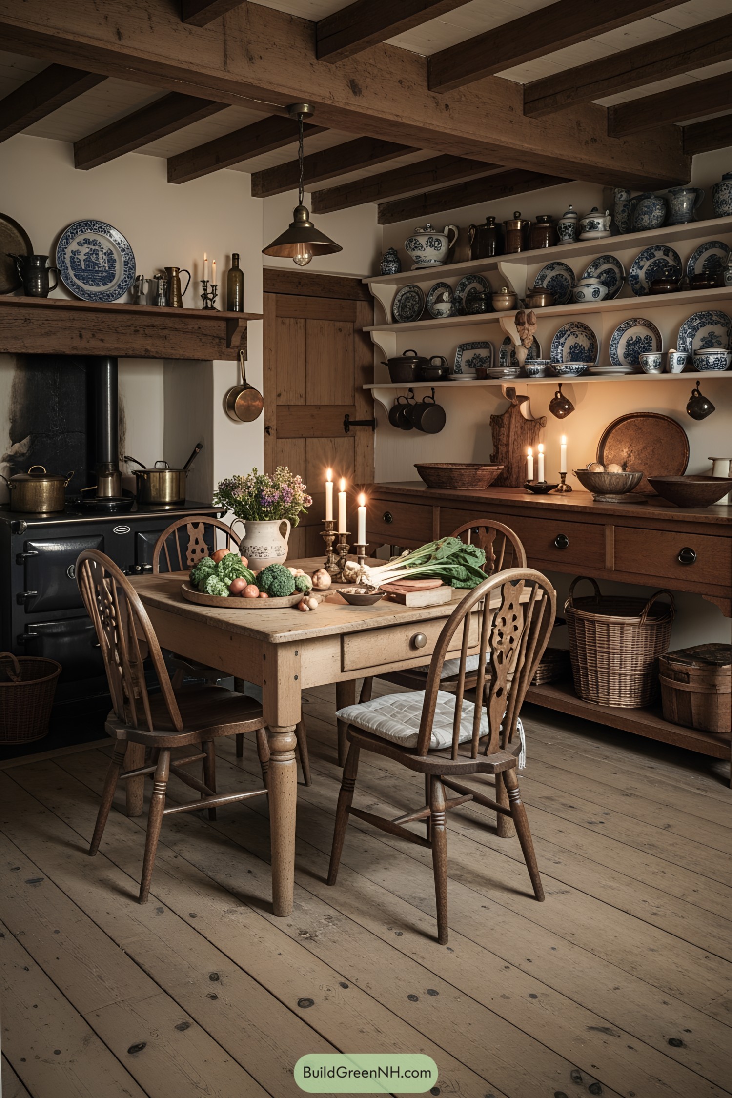 Cozy Victorian kitchen with wooden beams and vintage dishware