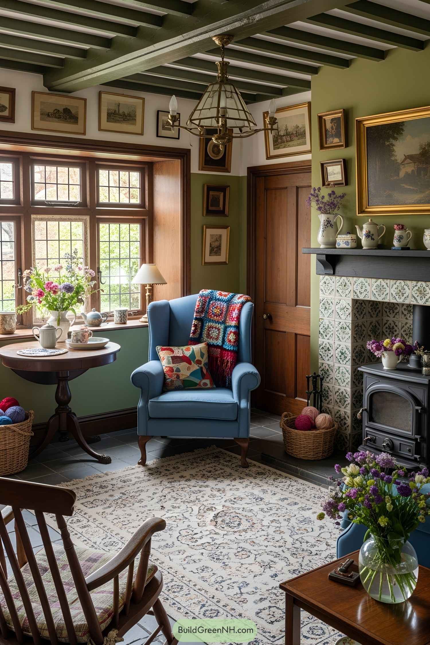Victorian-style living room with a blue armchair
