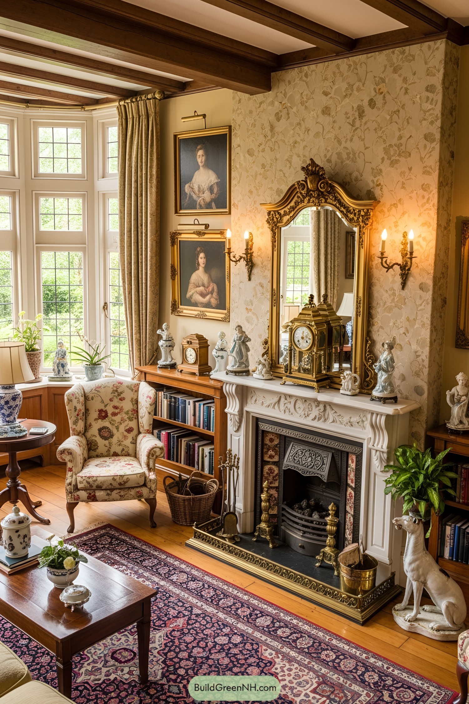 Victorian sitting room with floral upholstery and ornate fireplace