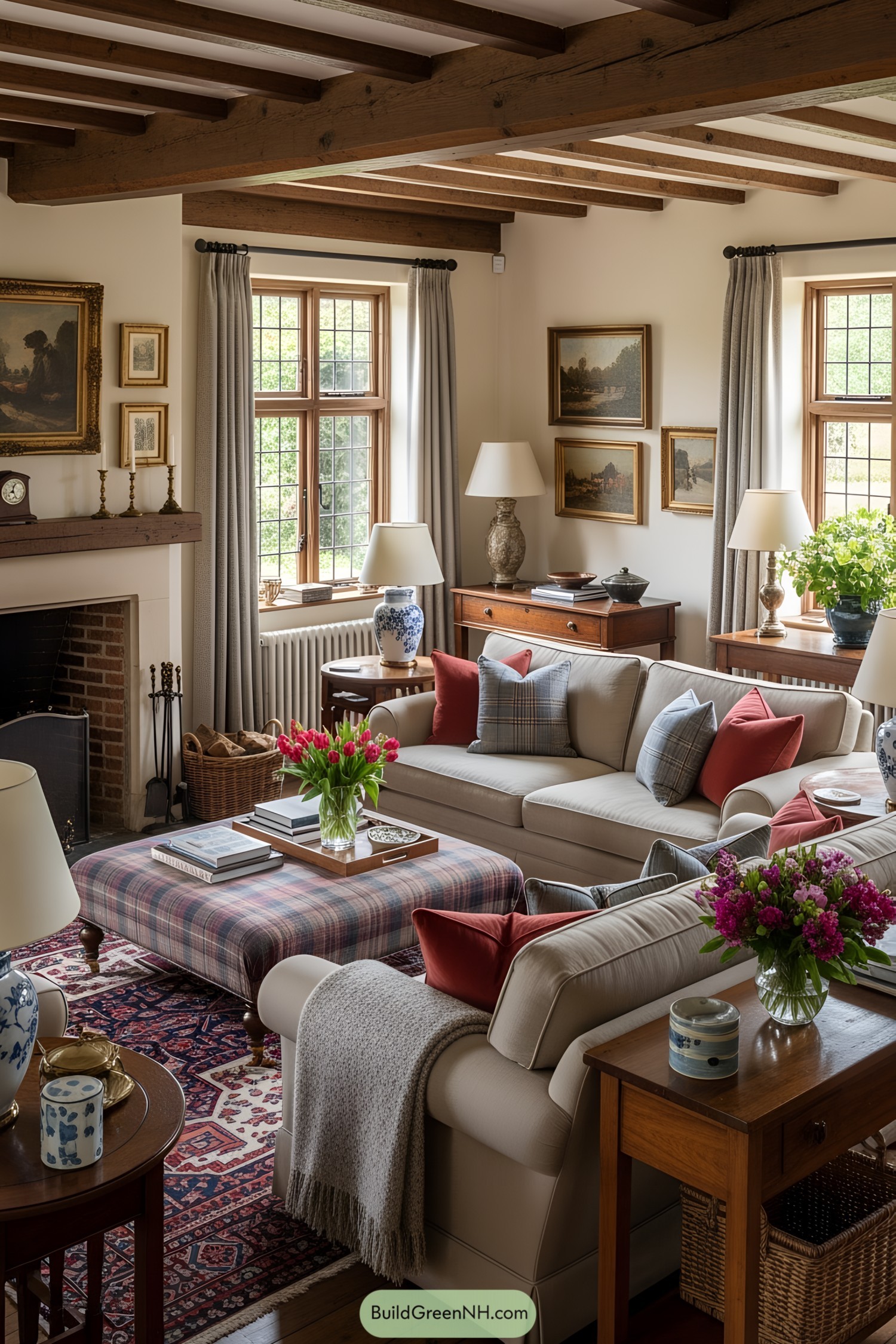 Victorian-style living room with plush seating and floral accents