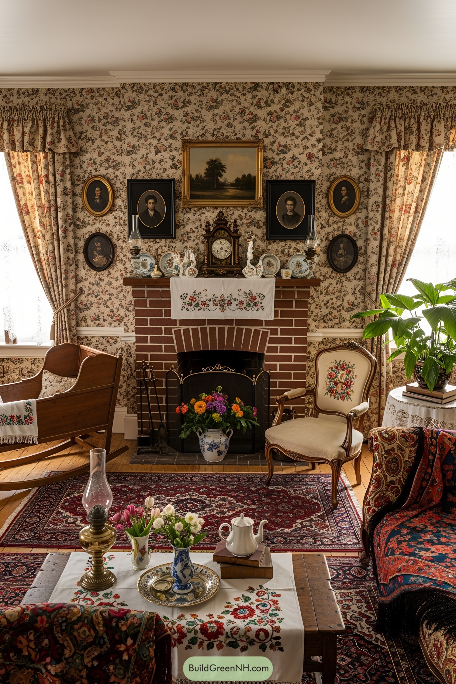 Victorian living room adorned with floral patterns and brick fireplace
