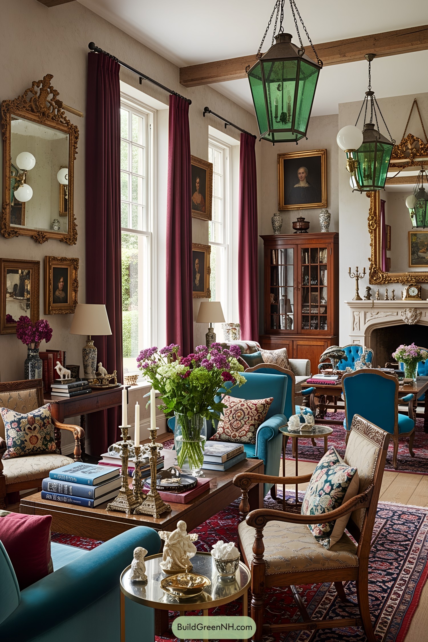 Colorful Victorian living room with vintage furniture and art