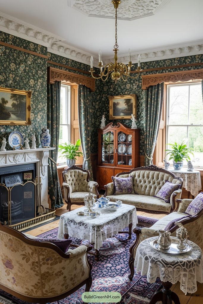 Victorian cottage living room with ornate and traditional aesthetic, dominated by deep green and cream floral wallpaper. Color palette includes muted greens, dark woods, creamy whites, and accents of gold and purple. Architectural details feature elaborate plaster crown molding and a detailed white marble fireplace with a brass fireguard. Walls are fully papered in intricate floral prints, complementing the carved wood window trim. Floors are polished light wood, partially covered by rich patterned rugs. The ceiling displays a subtle geometric plaster motif and a brass chandelier. Materials include dark carved wood, marble, and velvet upholstery. Furnishings consist of upholstered armchairs and settees with intricate wooden frames, mahogany cabinets displaying decorative plates, and lace-covered tables. Accessories include framed landscape paintings, porcelain figurines, and antique silverware. Potted plants add a touch of greenery, while heavy drapery and vintage books complete the decor.