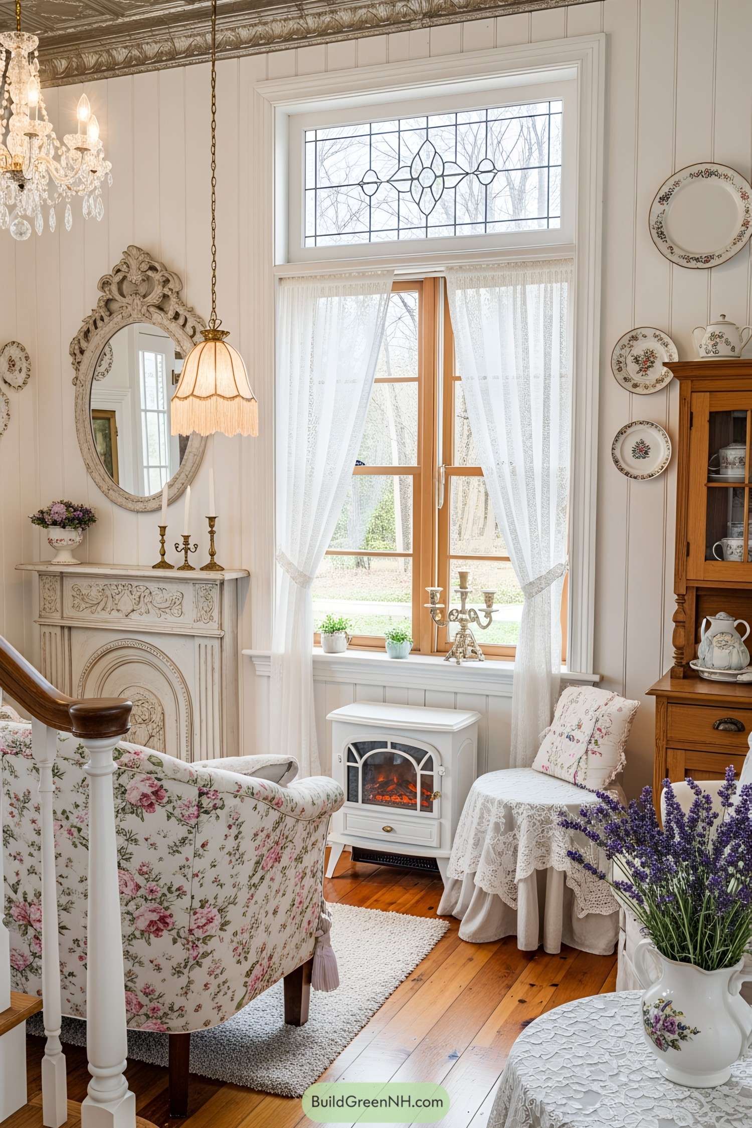 Victorian-style living room with floral patterns and vintage decor