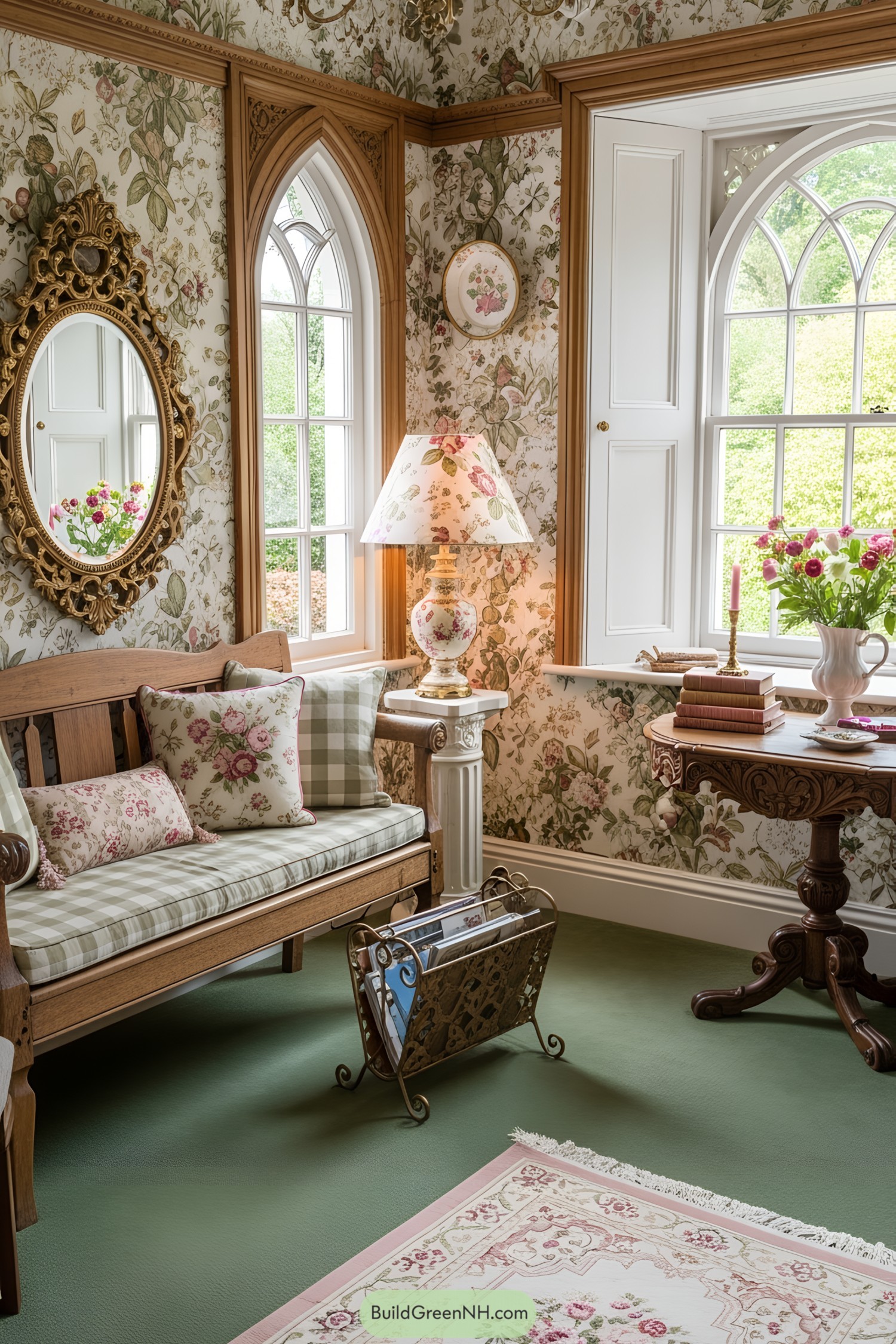 Victorian nook with floral wallpapers and vintage furniture