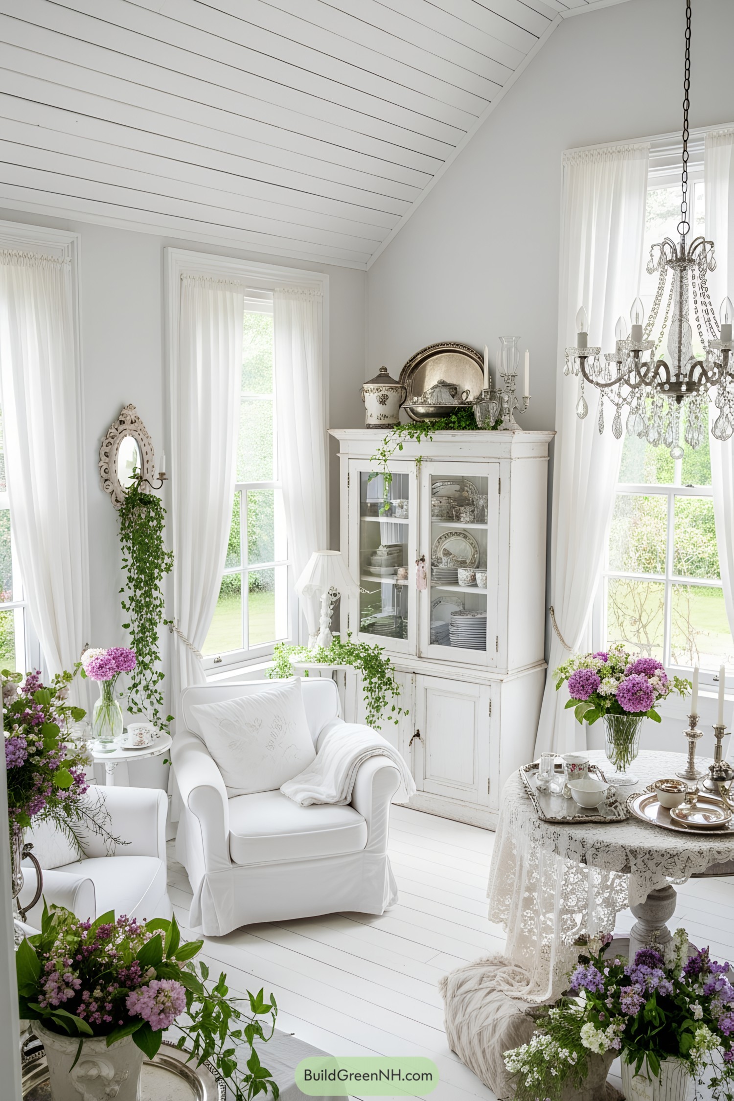 Bright Victorian room with white decor and floral accents