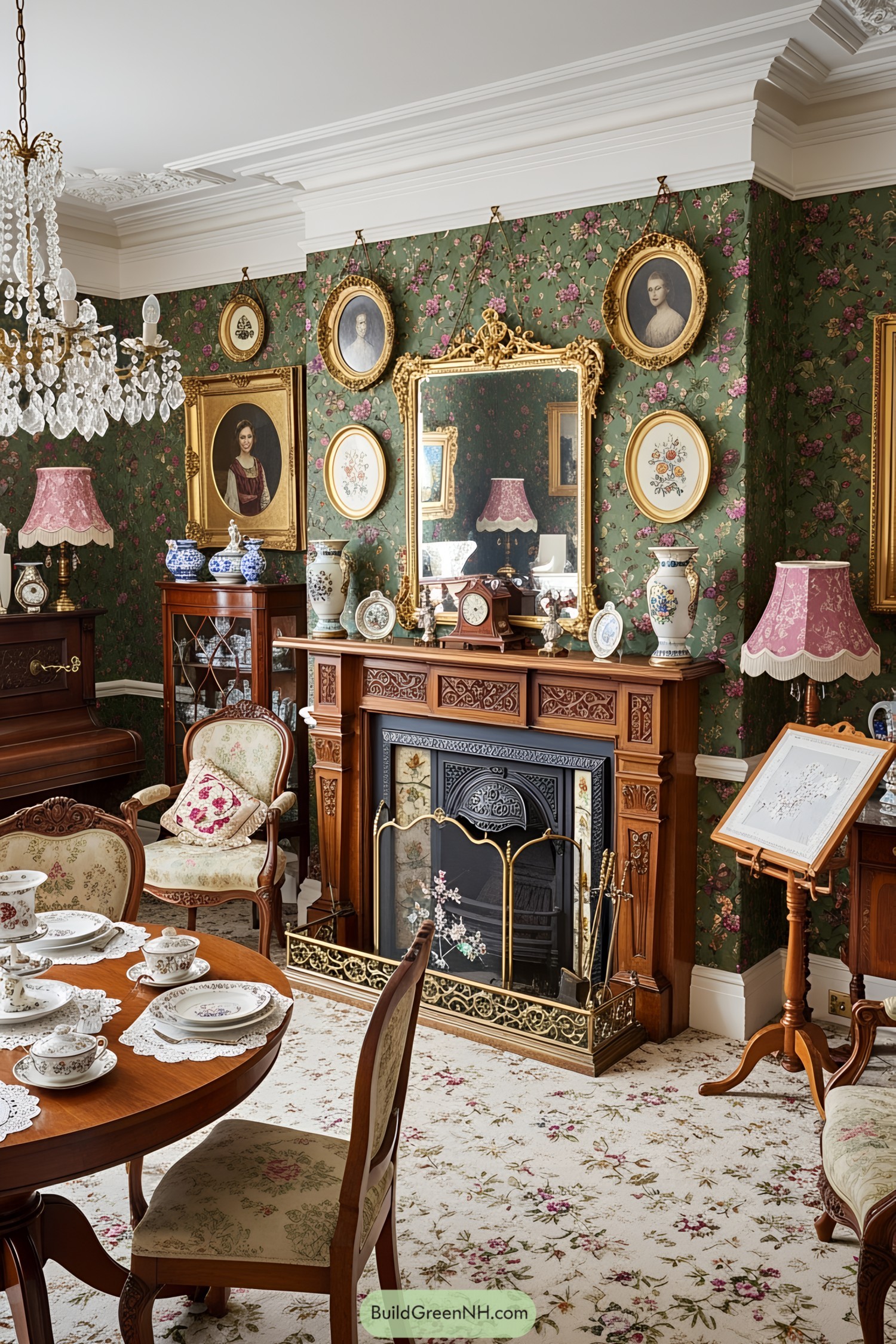 Victorian-style living room adorned with floral wallpaper and antique decorations
