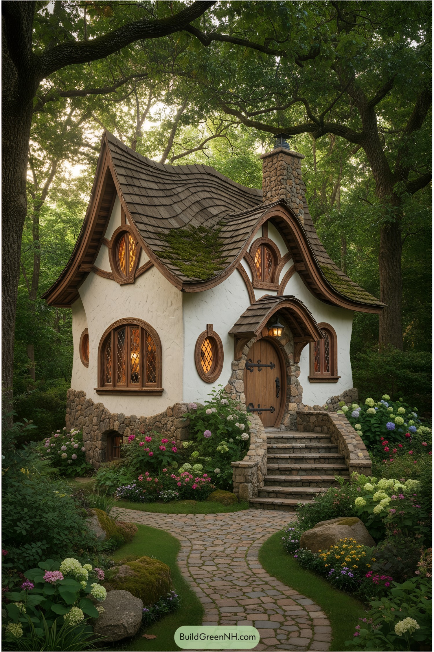 Cozy storybook house with curved roof in a lush forest